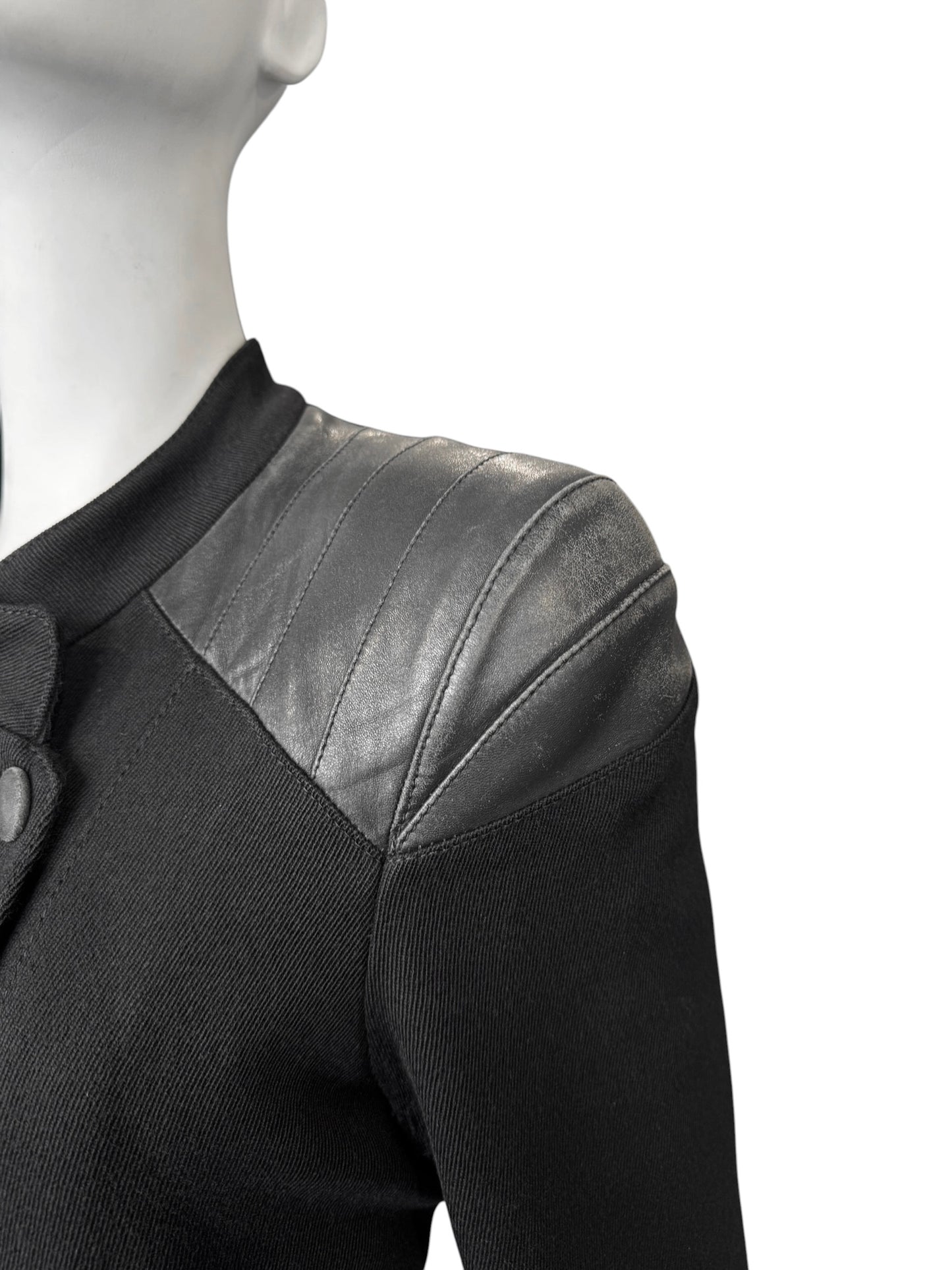 KAVIAR GAUCHE 2010s BLACK WOOK & LEATHER DOUBLE BREASTED COAT