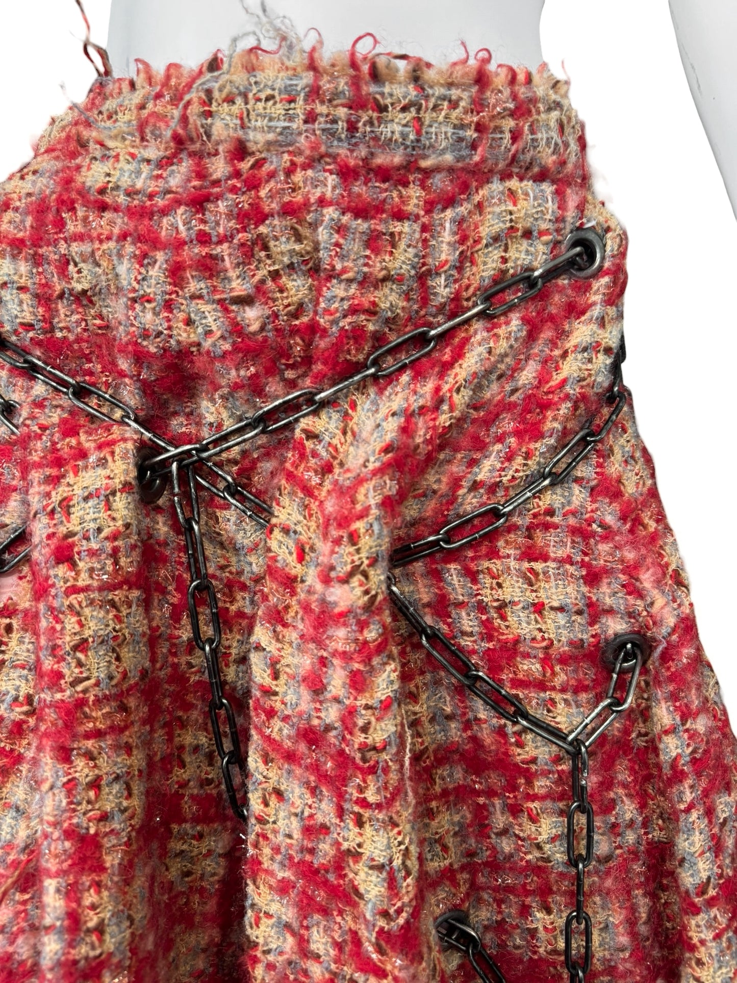 JUNYA WATANABE FW2003 RED WOOL DISTRESS TWEED CHAINS MAXI SKIRT