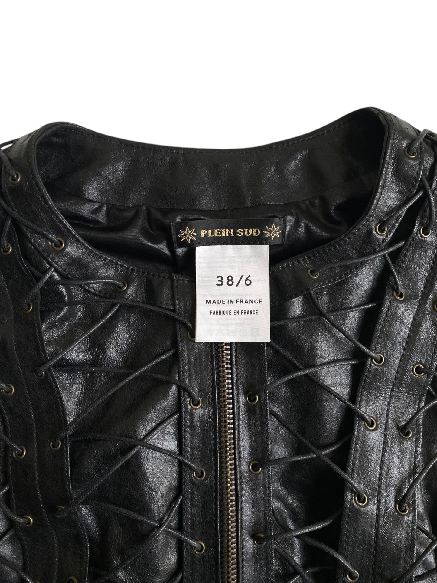 PLEIN SUD FW2002 BLACK LEATHER LACED-UP SLEEVELESS JACKET