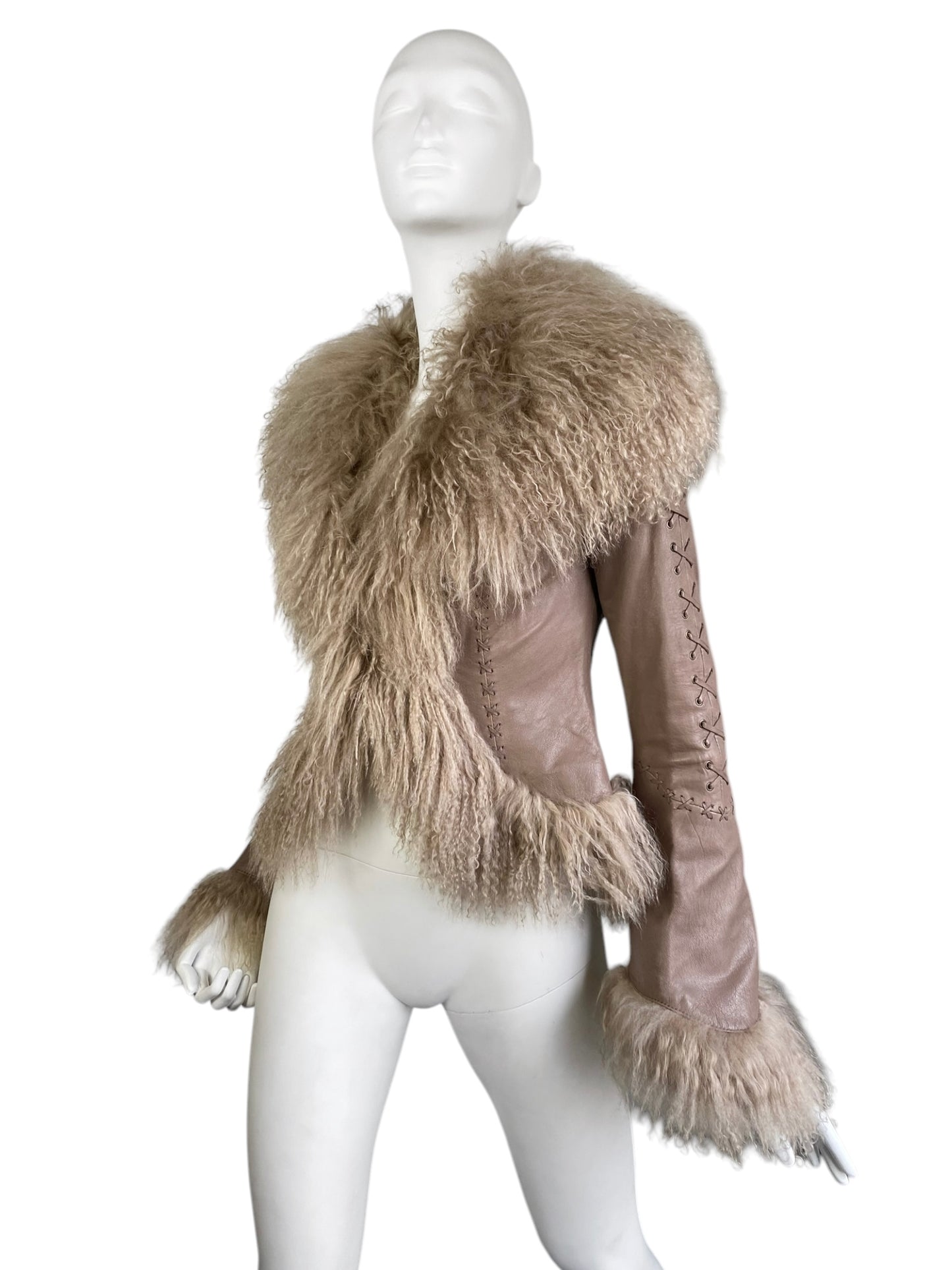 JUST CAVALLI 2000s BEIGE LEATHER LACED MONGOLIAN LAMB FUR TRIM JACKET