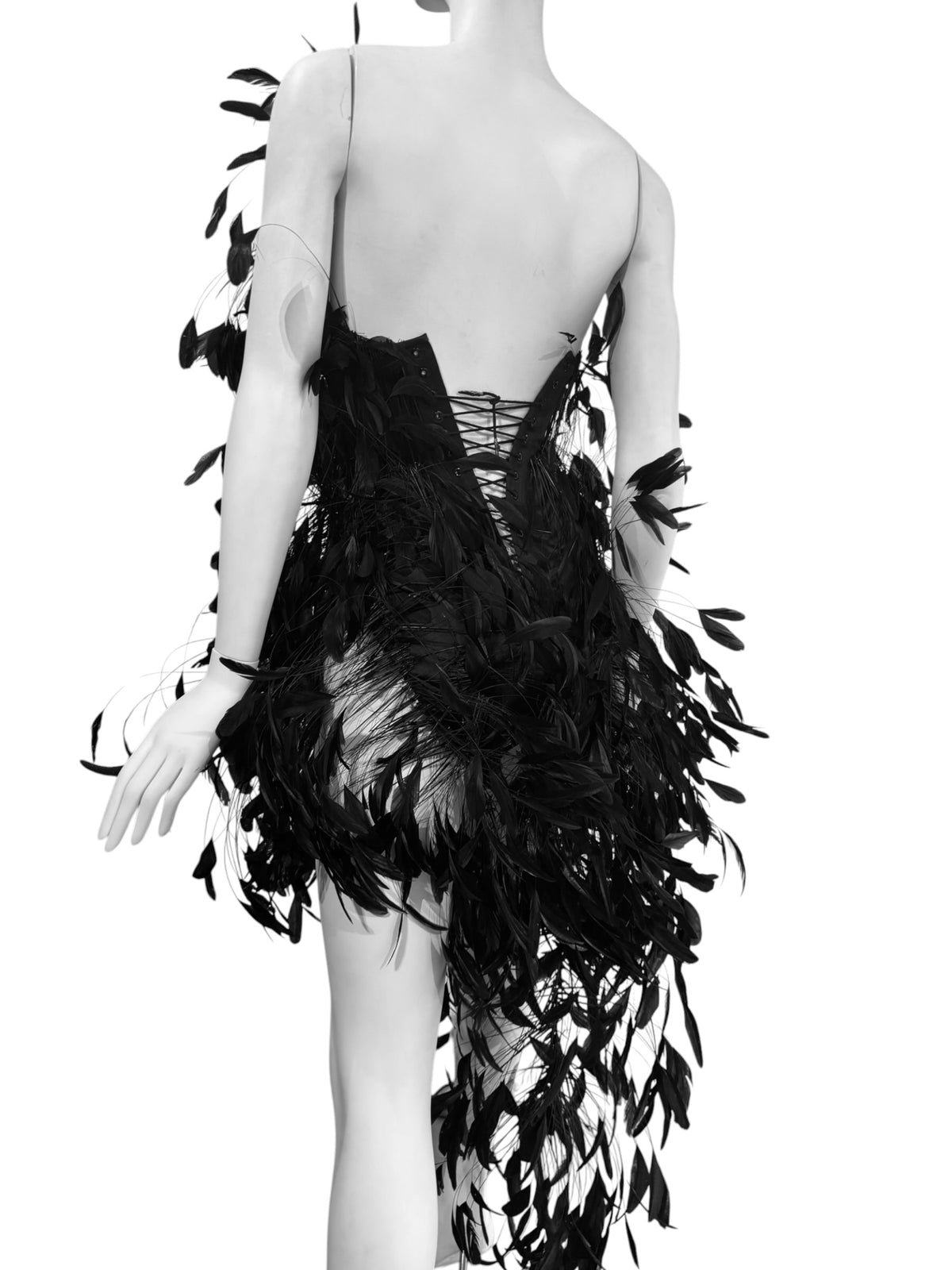 ALEXANDRE VAUTHIER HAUTE COUTURE FW2023 BLACK GOOSE FEATHER CORSET BODYSUIT