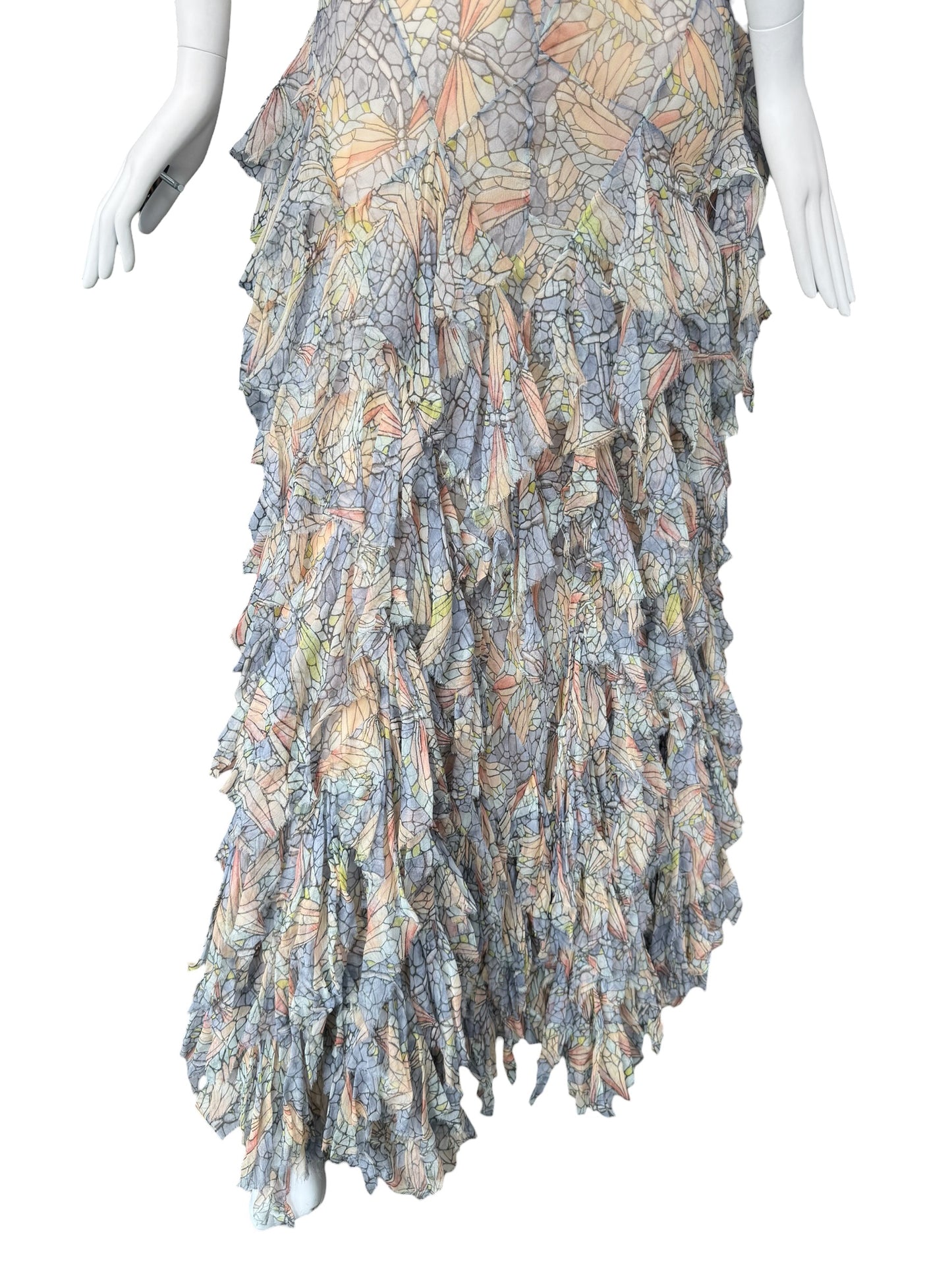 ALEXANDER MCQUEEN SS2004 ‘DELIVERANCE’ SILK STAINED GLASS BUTTERFLY PRINT RUFFLES MAXI DRESS