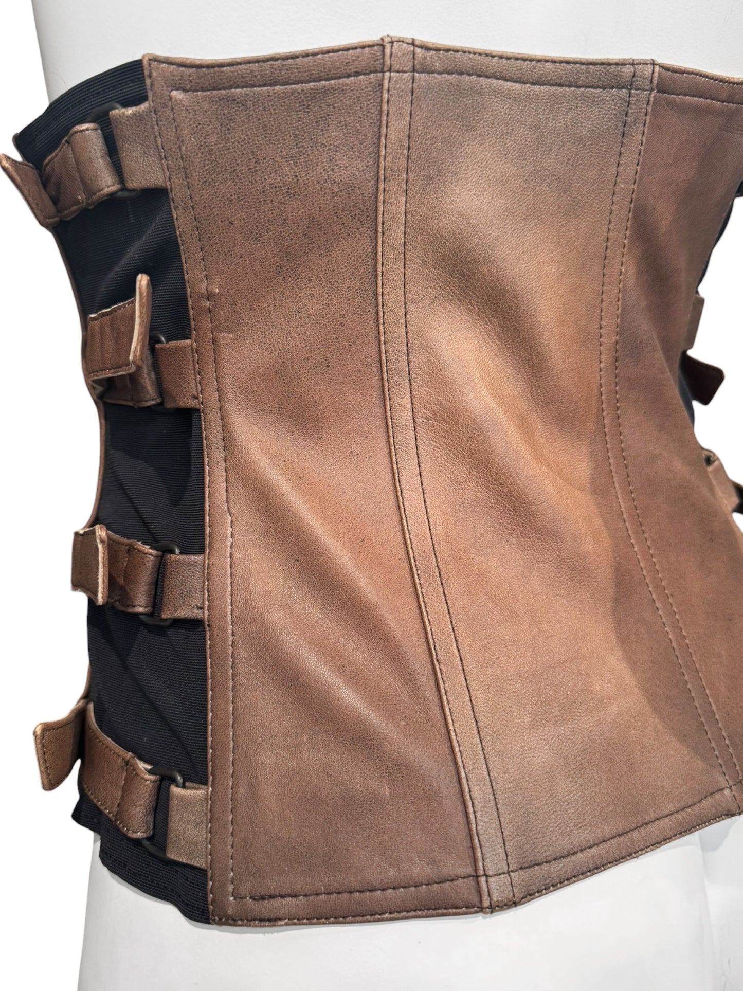 PLEIN SUD FW2001 BROWN LEATHER BONDAGE CORSET