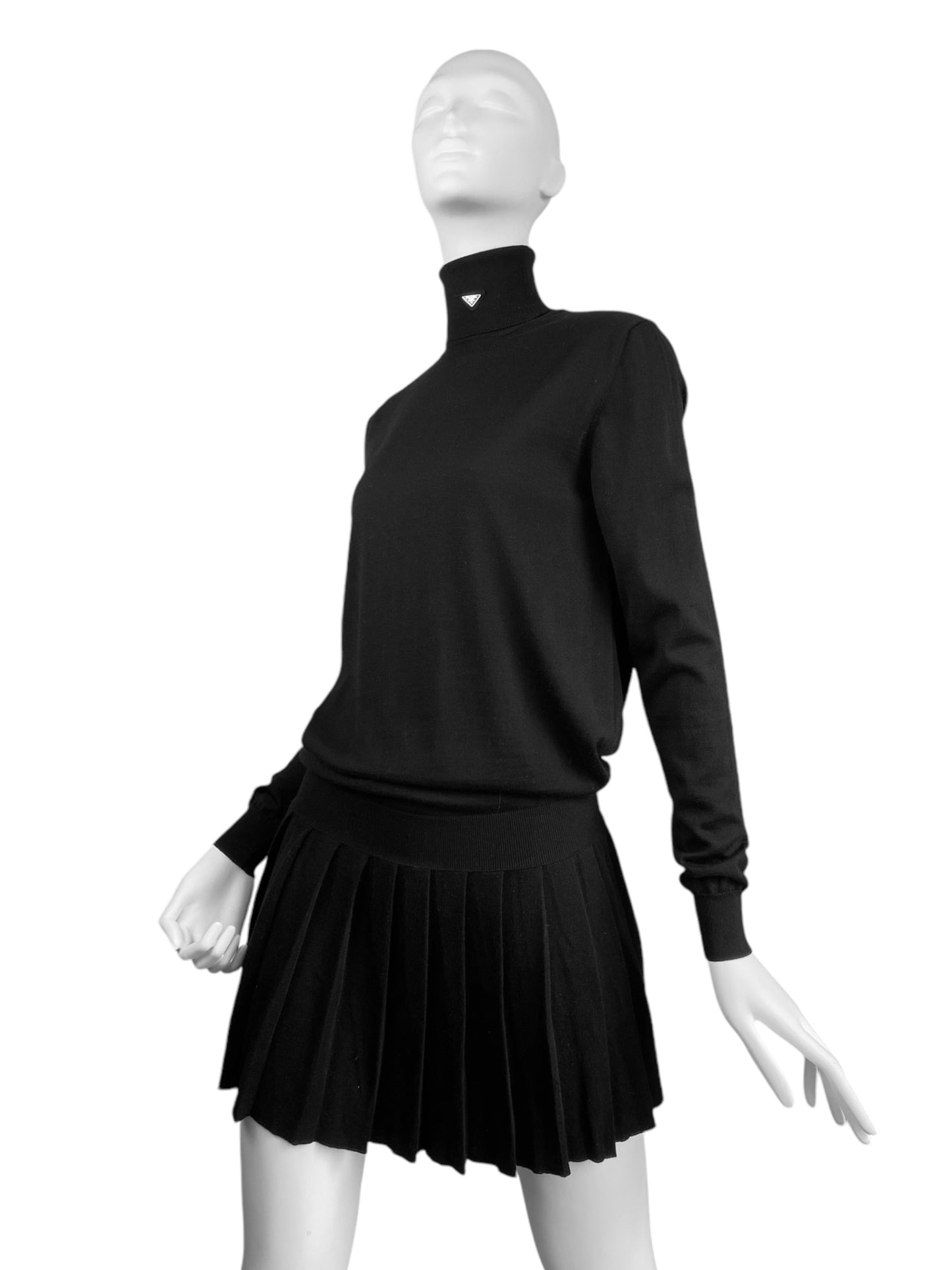 PRADA FW2022 BLACK WOOL PLEATED MINI DRESS