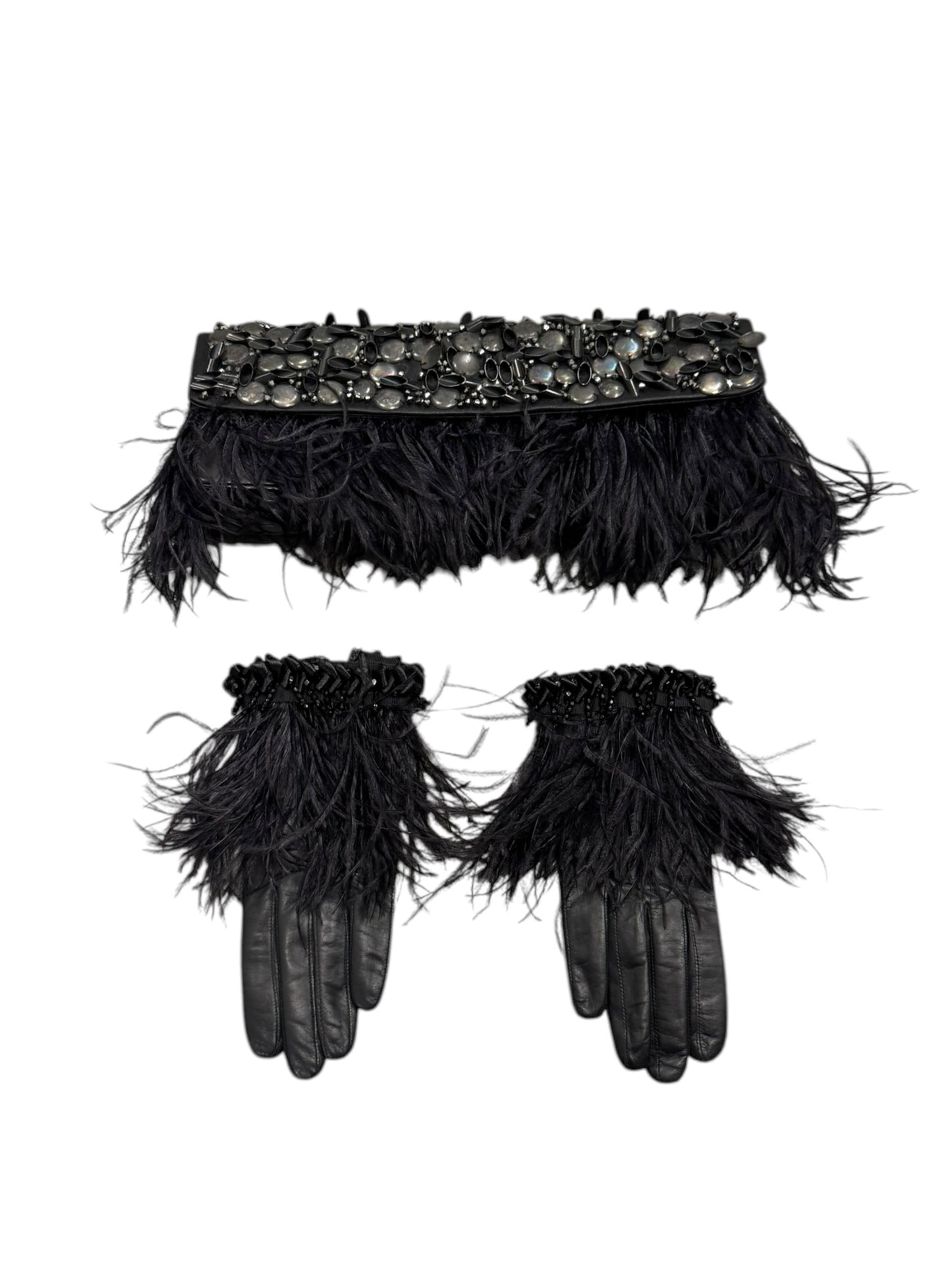 CHRISTIAN LACROIX 2000s BLACK LEATHER & OSTRICH FEATHERS EMBELLISHED CLUTCH & GLOVES