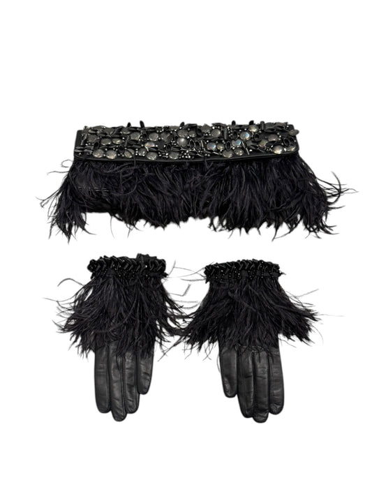 CHRISTIAN LACROIX 2000s BLACK LEATHER & OSTRICH FEATHERS EMBELLISHED CLUTCH & GLOVES