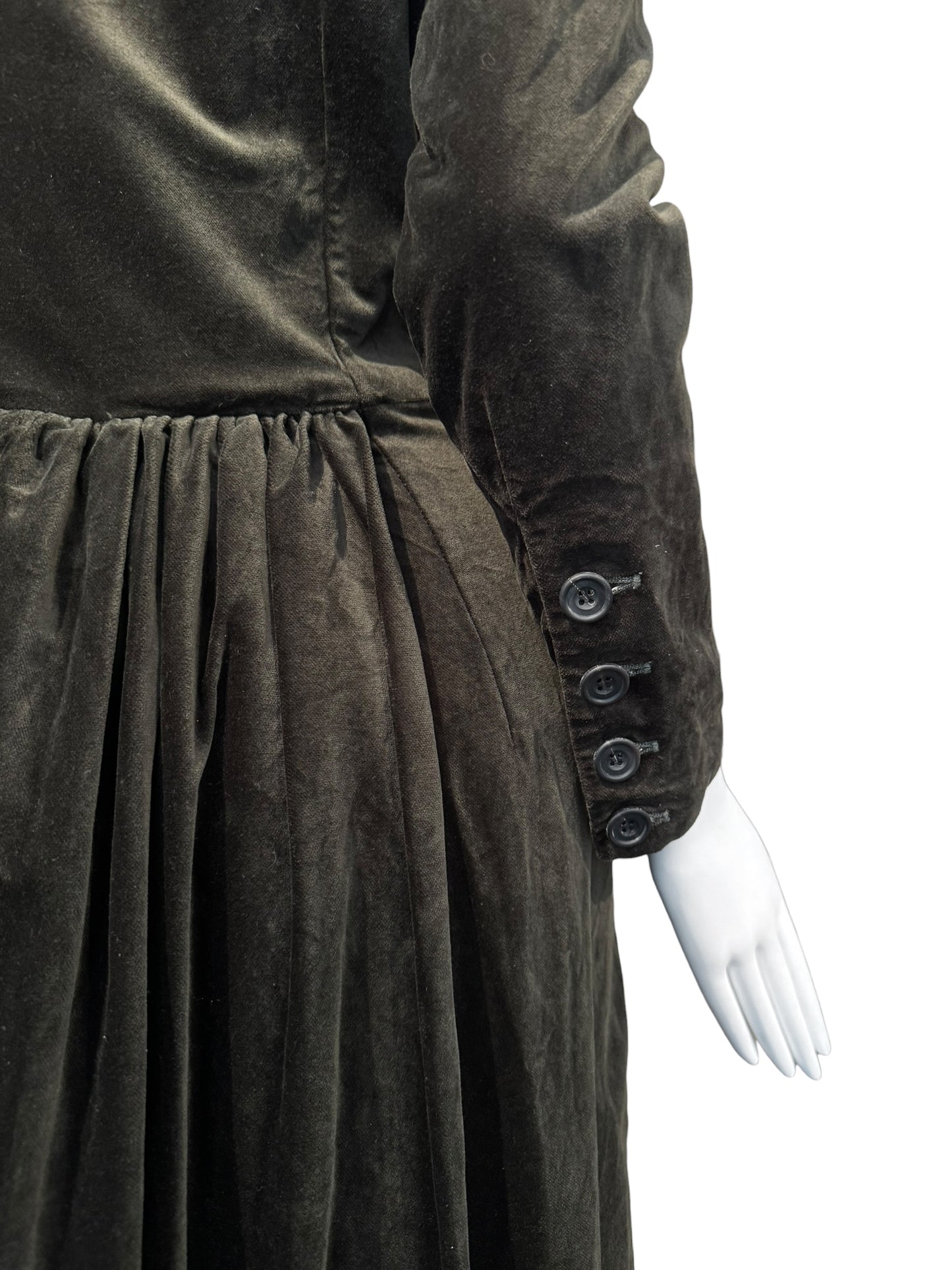 PAUL HARNDEN SHOEMAKERS 2000s DARK OLIVE VELVET MAXI ASYMMETRIC BUTTON MAXI DRESS