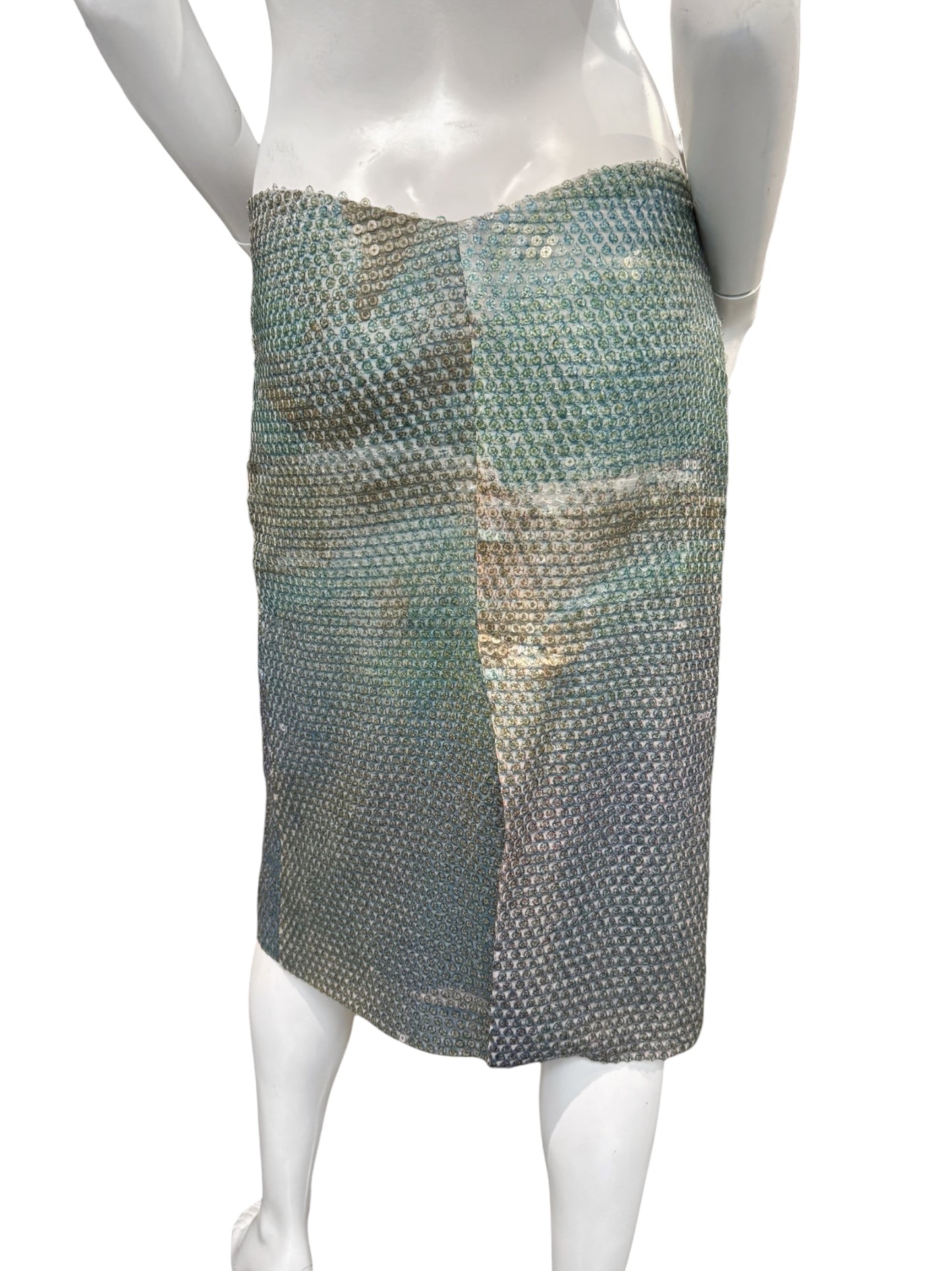 ALEXANDER MCQUEEN SS1997 «LA POUPÉE» BLUE SEQUINS DOLPHIN PRINT BUMSTER MIDI SKIRT