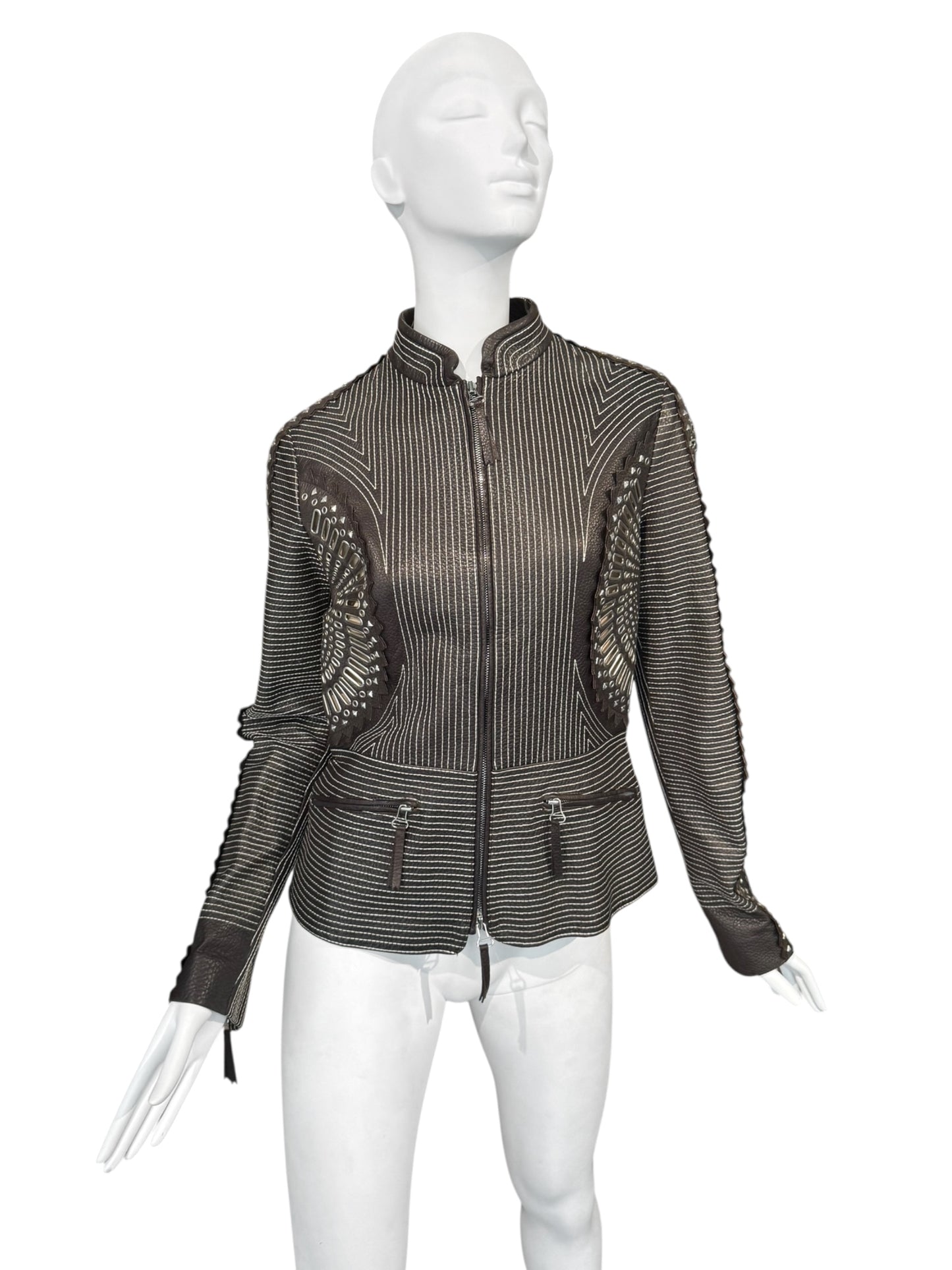 GIANFRANCO FERRE SS2004 DARK BROWN LEATHER GROMMET & STUD EMBELLISHED JACKET