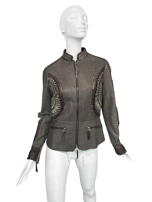 GIANFRANCO FERRE SS2004 DARK BROWN LEATHER GROMMET & STUD EMBELLISHED JACKET
