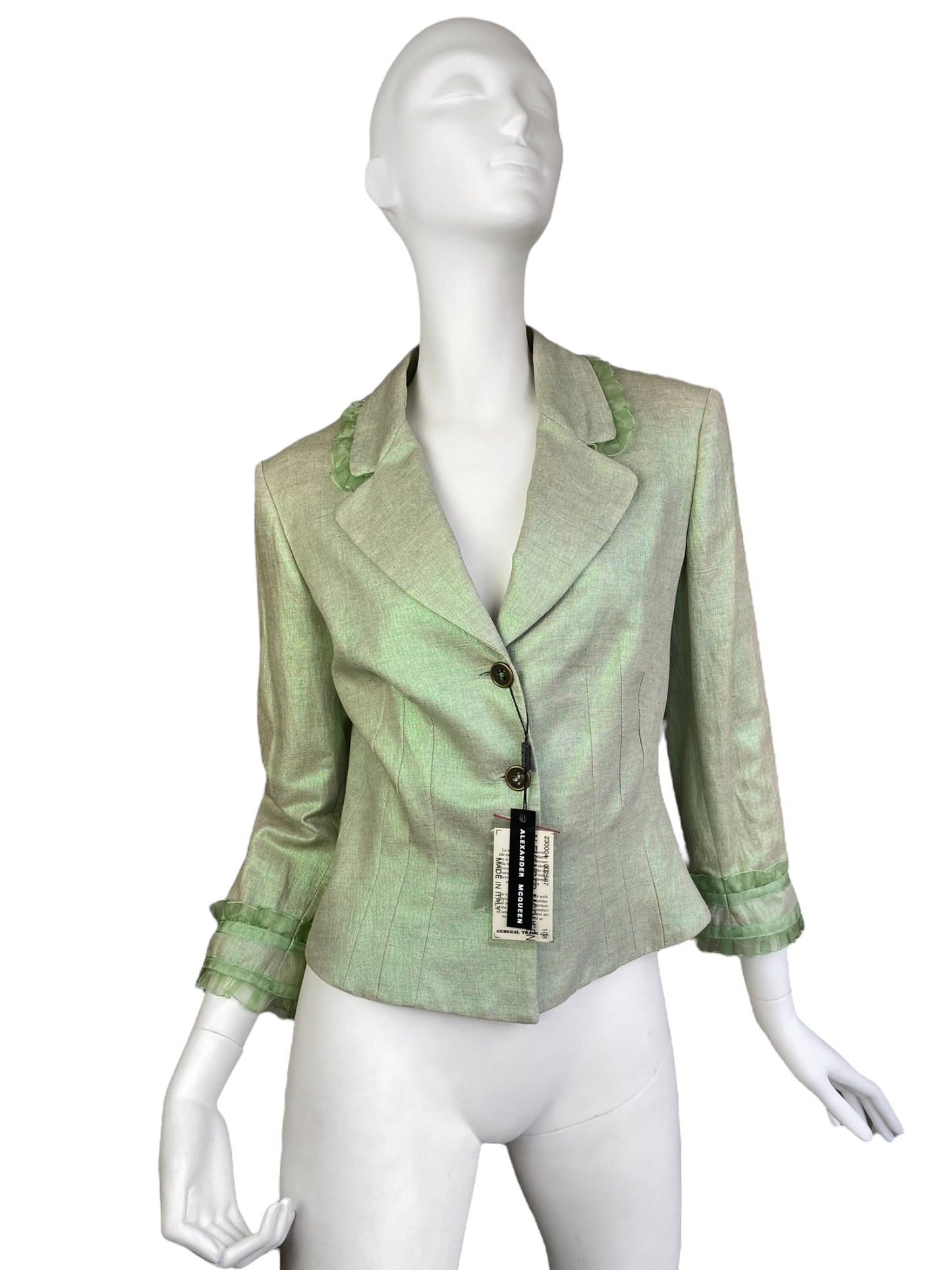 ALEXANDER MCQUEEN C.1995-1996 LIGHT GREEN 3P. SET (TOP + BLAZER + CAPRI PANTS)