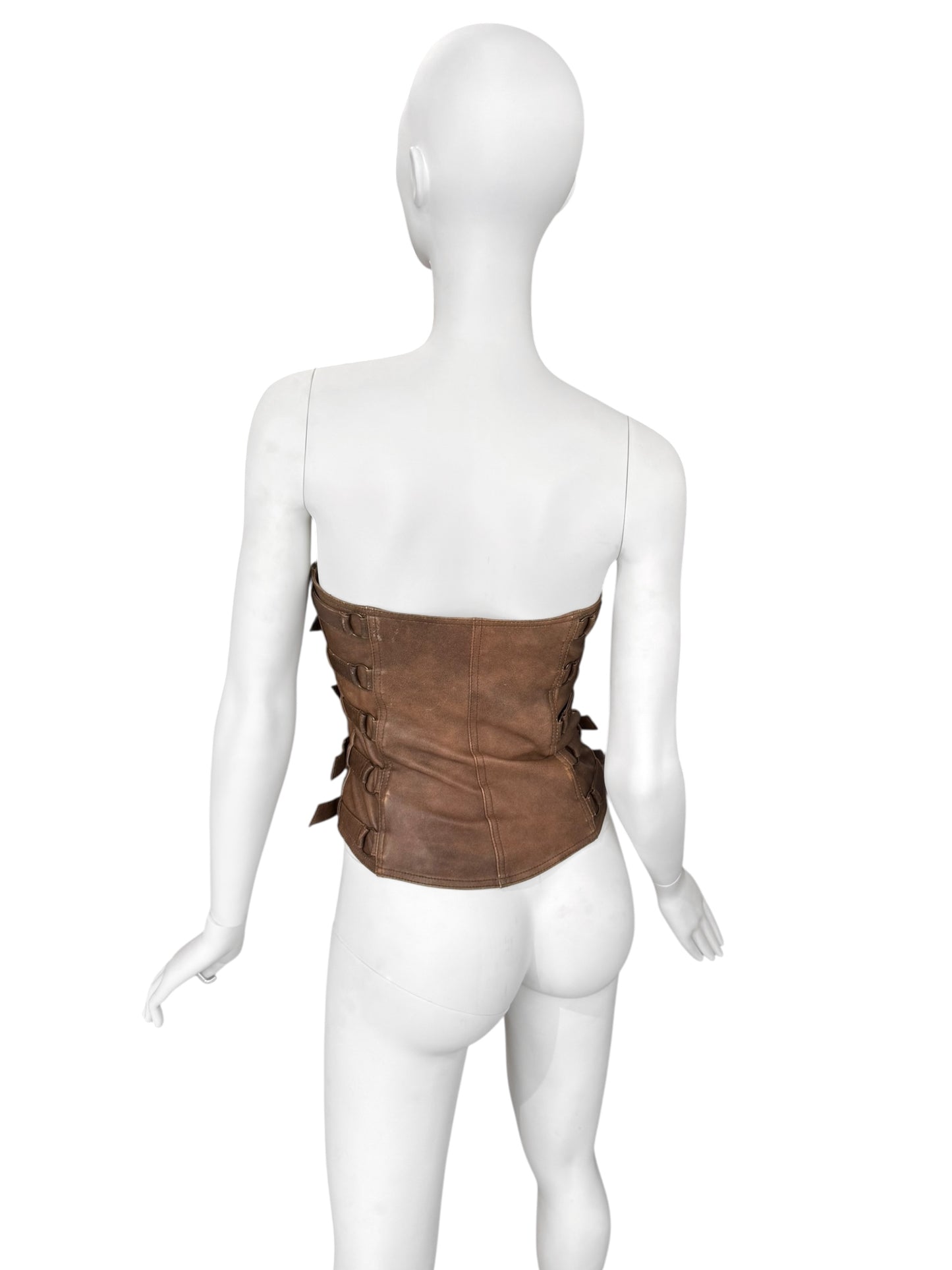 PLEIN SUD FW2001 BROWN LEATHER BONDAGE CORSET TOP