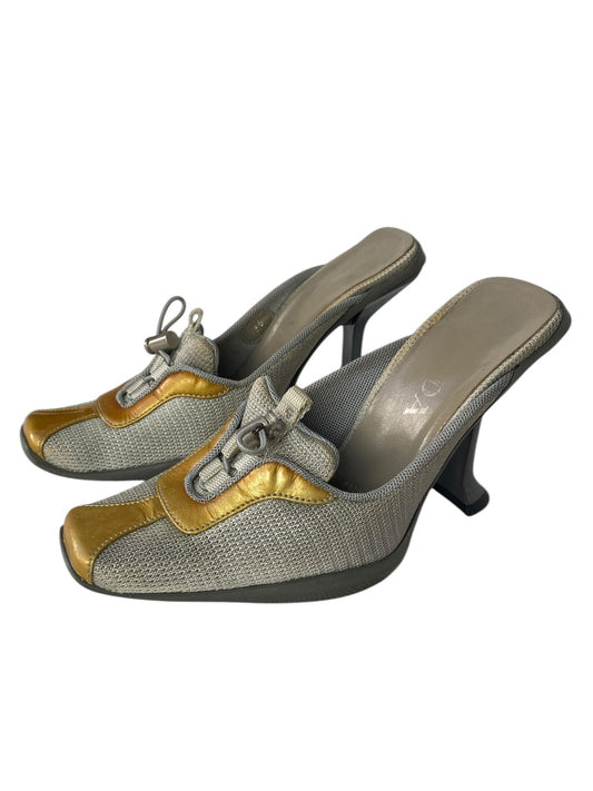 PRADA FW1999 YELLOW PATENT LEATHER & GREY MESH MULES