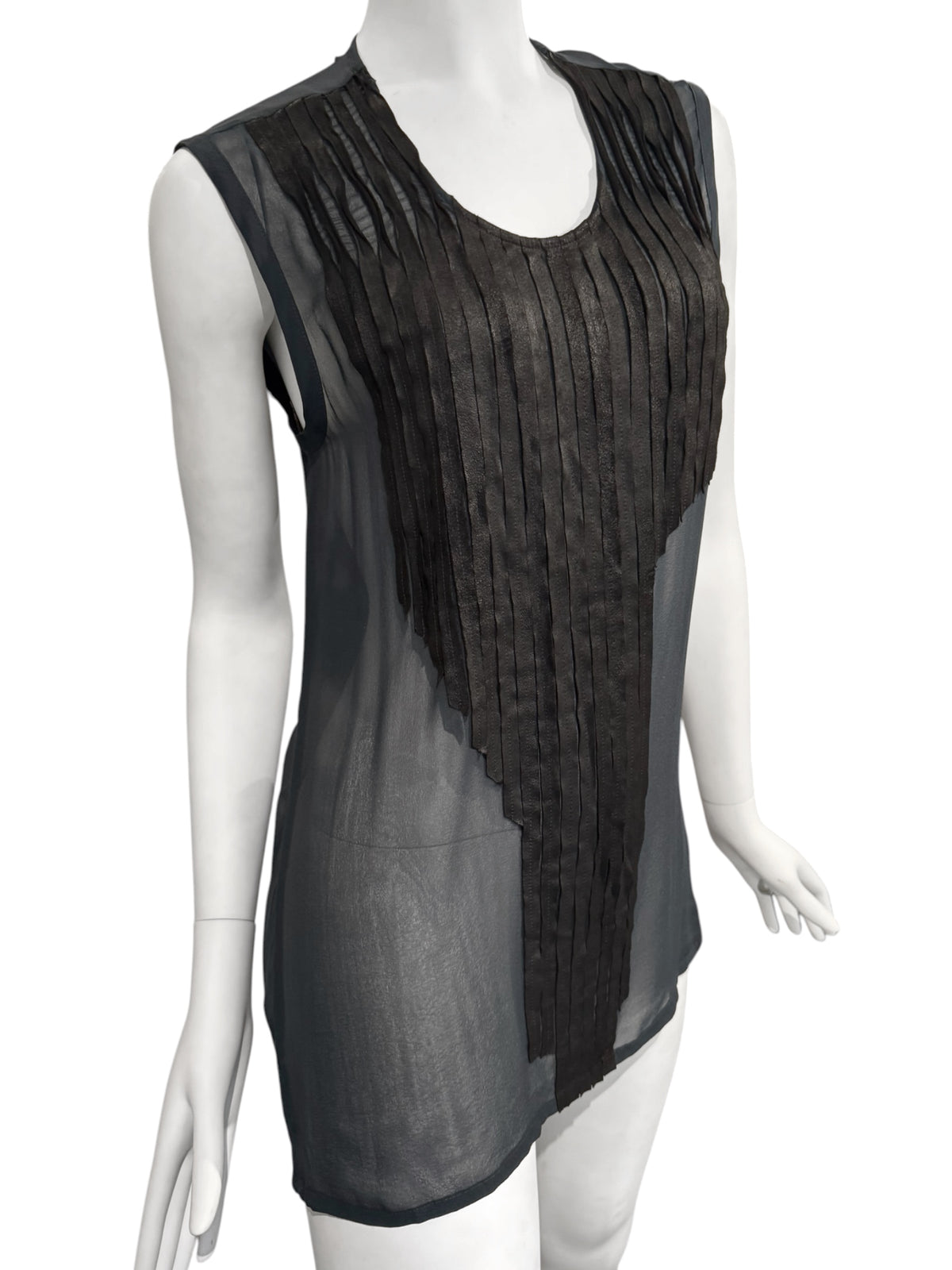 ILARIA NISTRI 2010s NAVY & BLACK SILK & LEATHER TANK TOP