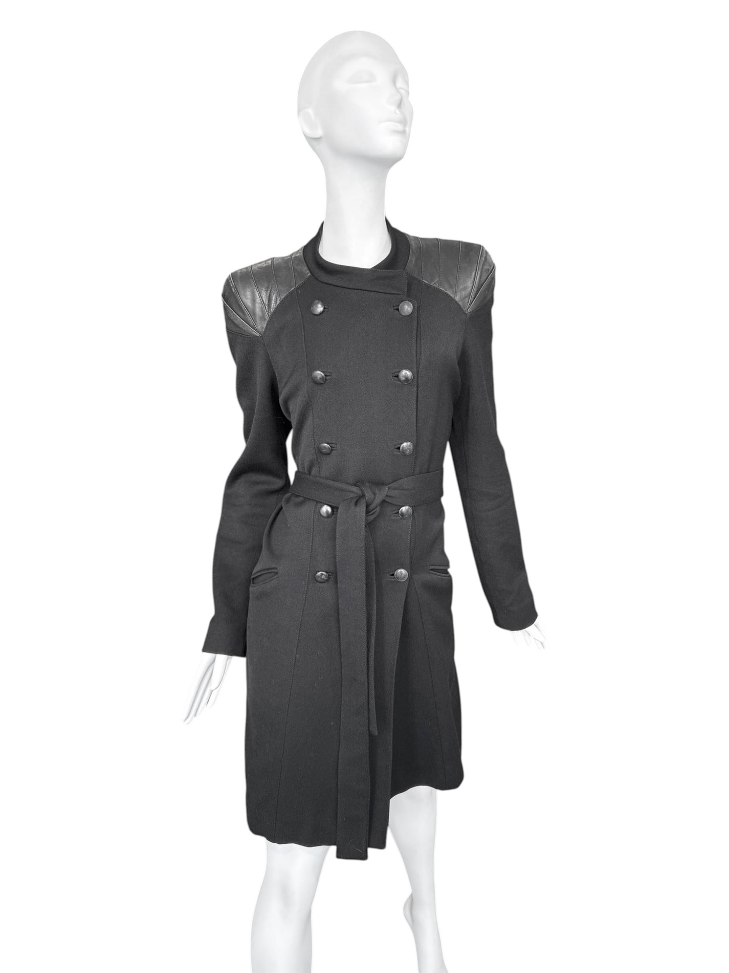 KAVIAR GAUCHE 2010s BLACK WOOK & LEATHER DOUBLE BREASTED COAT