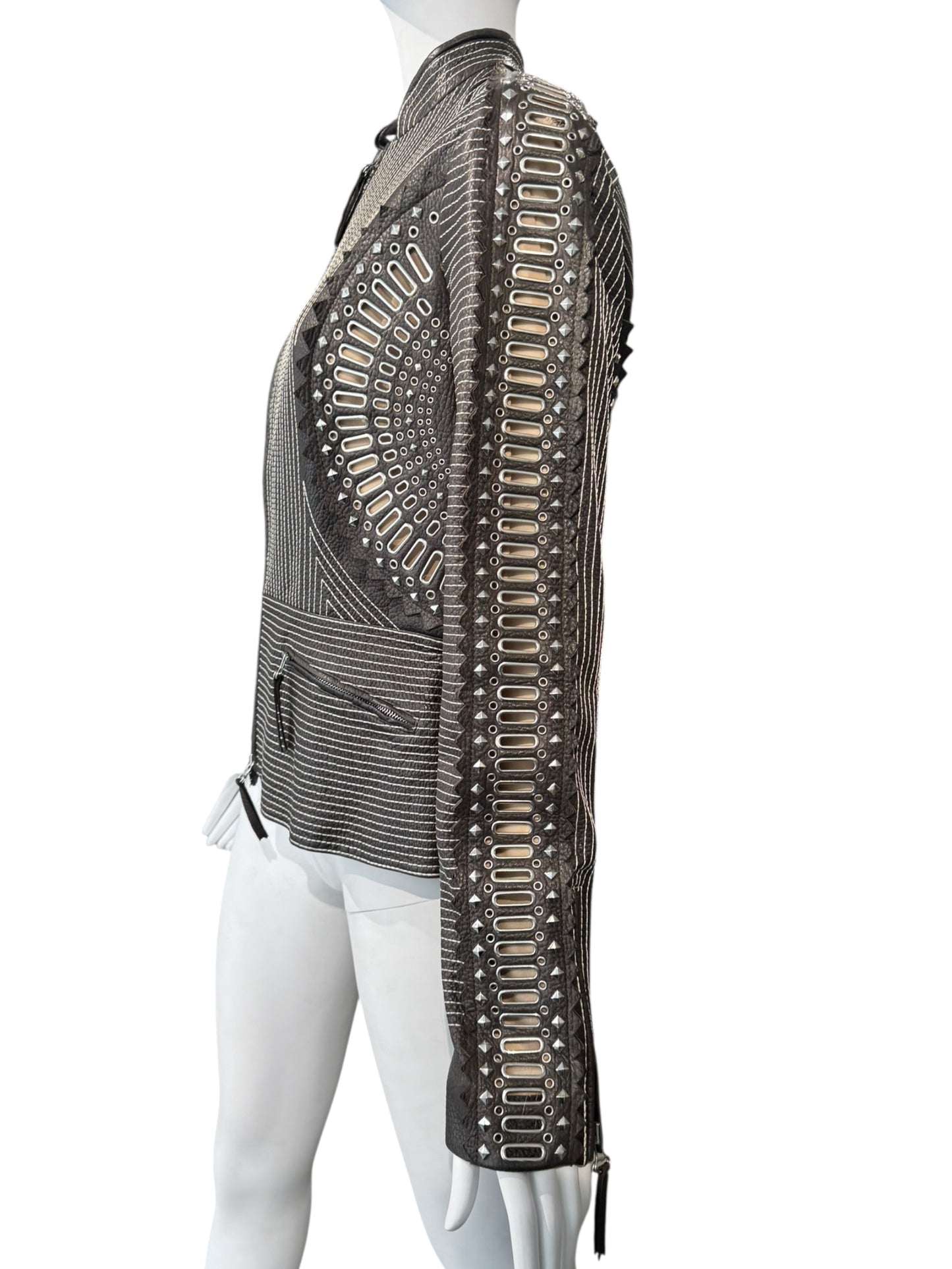 GIANFRANCO FERRE SS2004 DARK BROWN LEATHER GROMMET & STUD EMBELLISHED JACKET