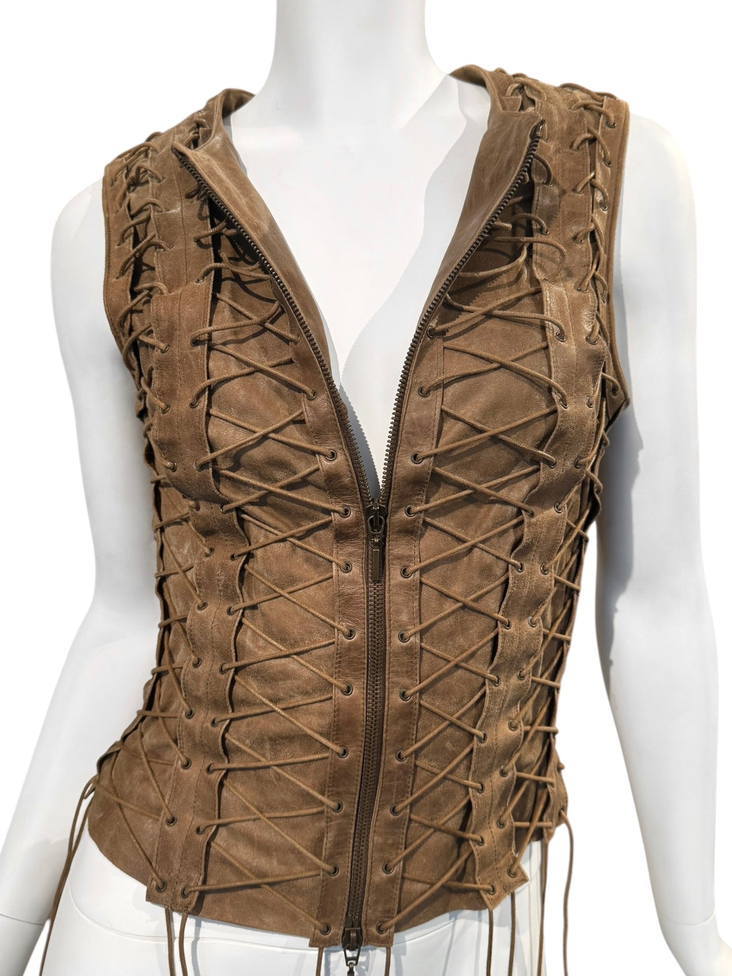 PLEIN SUD FW2002 BROWN LEATHER LACE-UP CAGE VEST