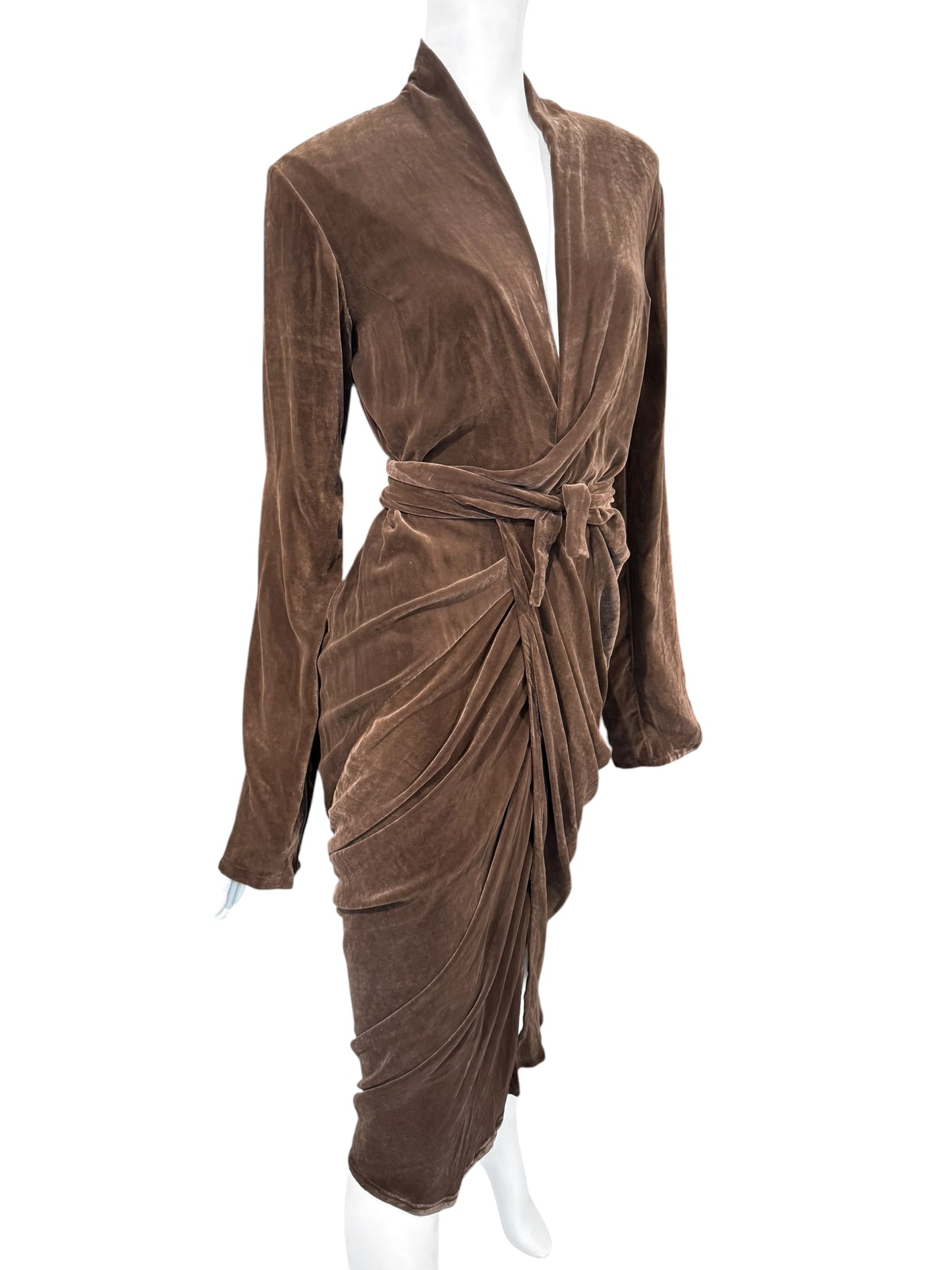 RICK OWENS FW2023 «LUXOR»BROWN VELVET DRAPED WRAP MIDI DRESS