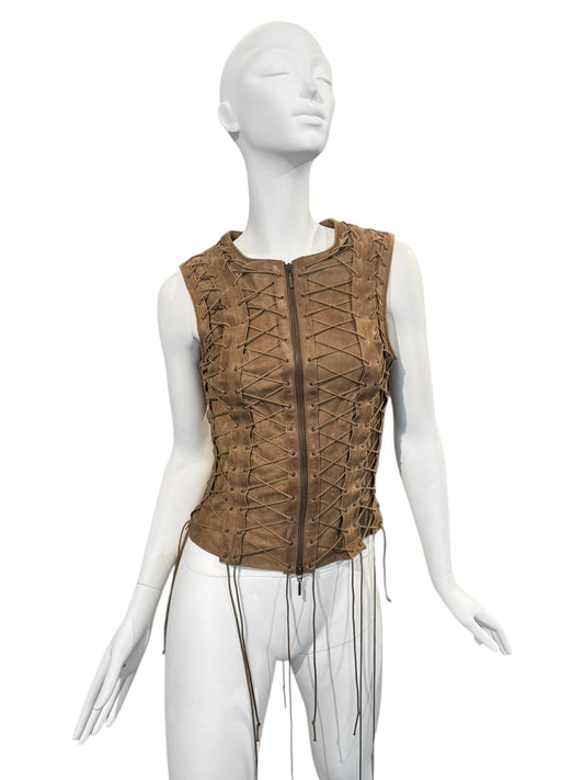 PLEIN SUD FW2002 BROWN LEATHER LACE-UP CAGE VEST