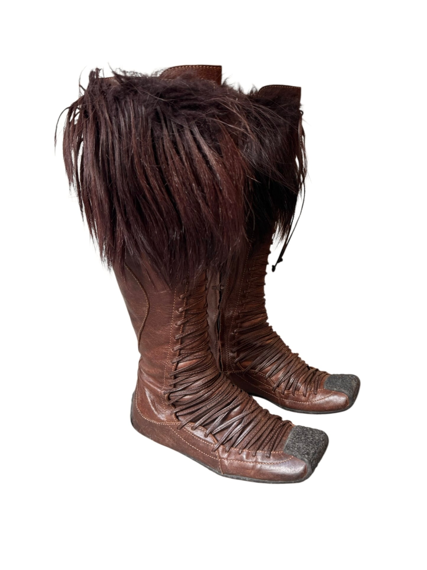 DIOR FW2002 BY GALLIANO BROWN LEATHER & FUR LACE-UP BOOTS