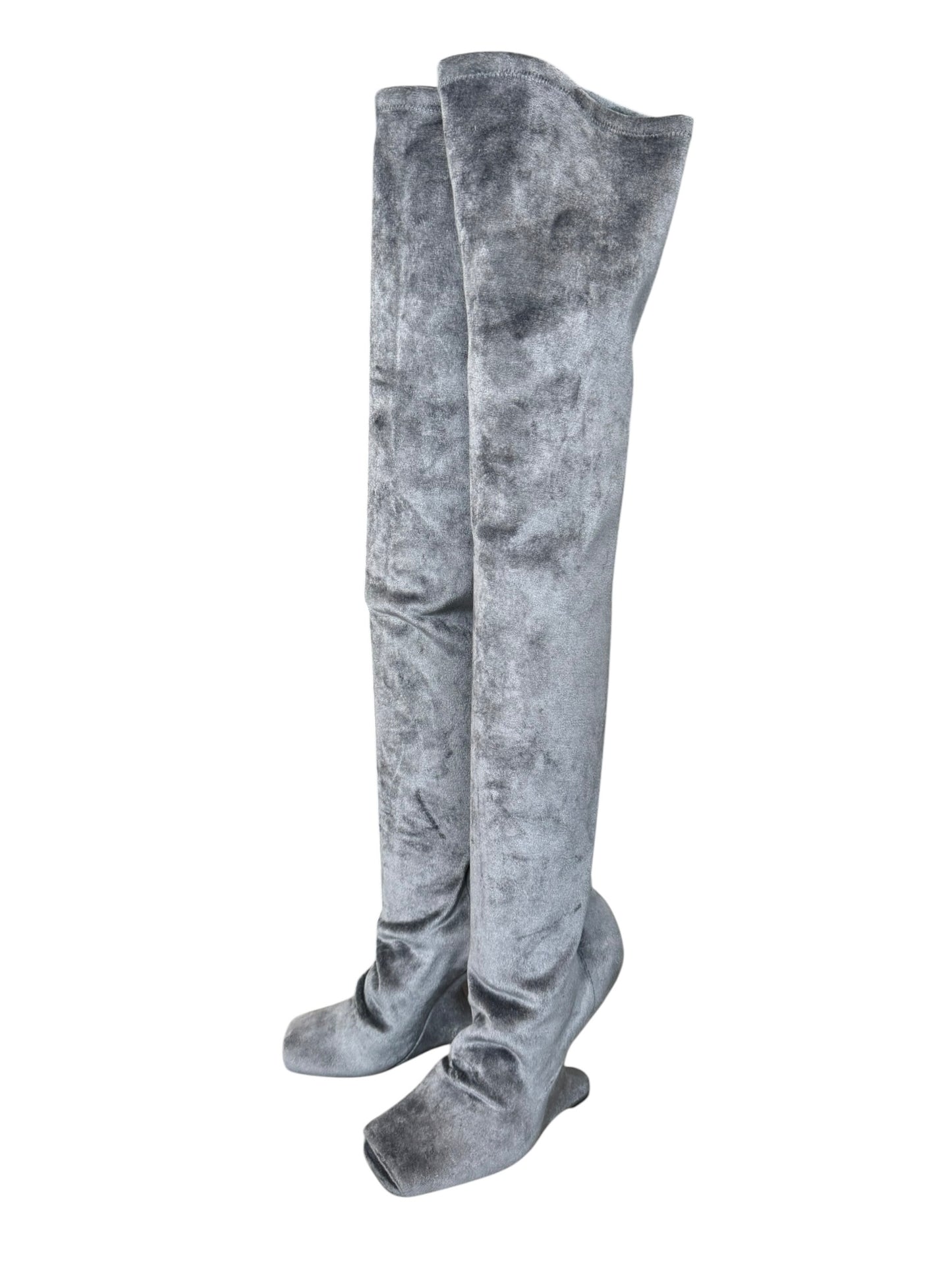 RICK OWENS 2020S GREY VELVET CANTILEVER THIGH-HIGH BOOTS
