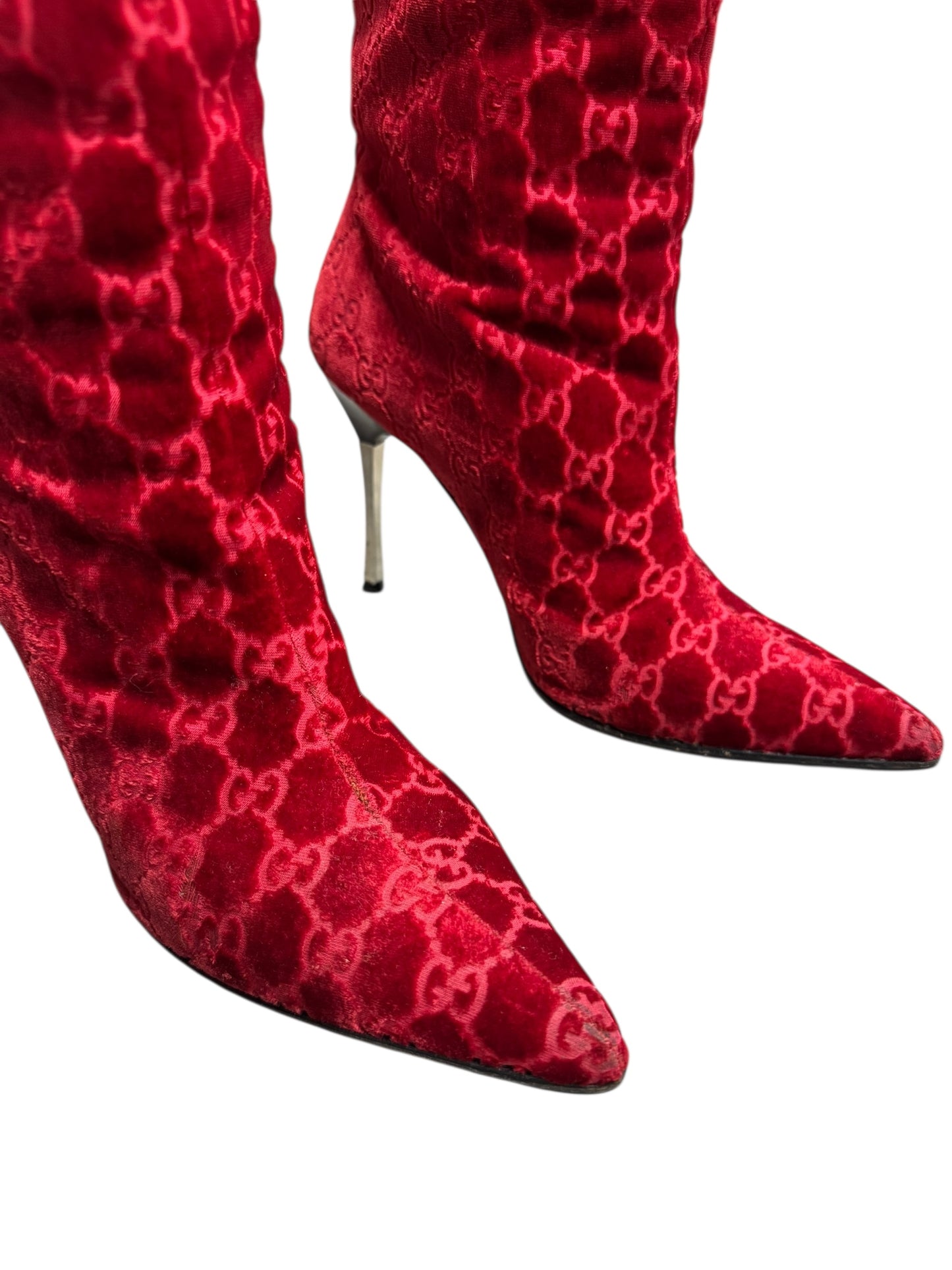 GUCCI FW1997 BY TOM FORD RED VELVET ‘GG’ MONOGRAM BOOTS