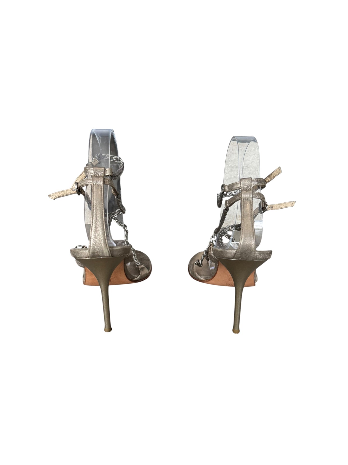 PLEIN SUD 2000s SILVER CHAINS SANDALS HEELS