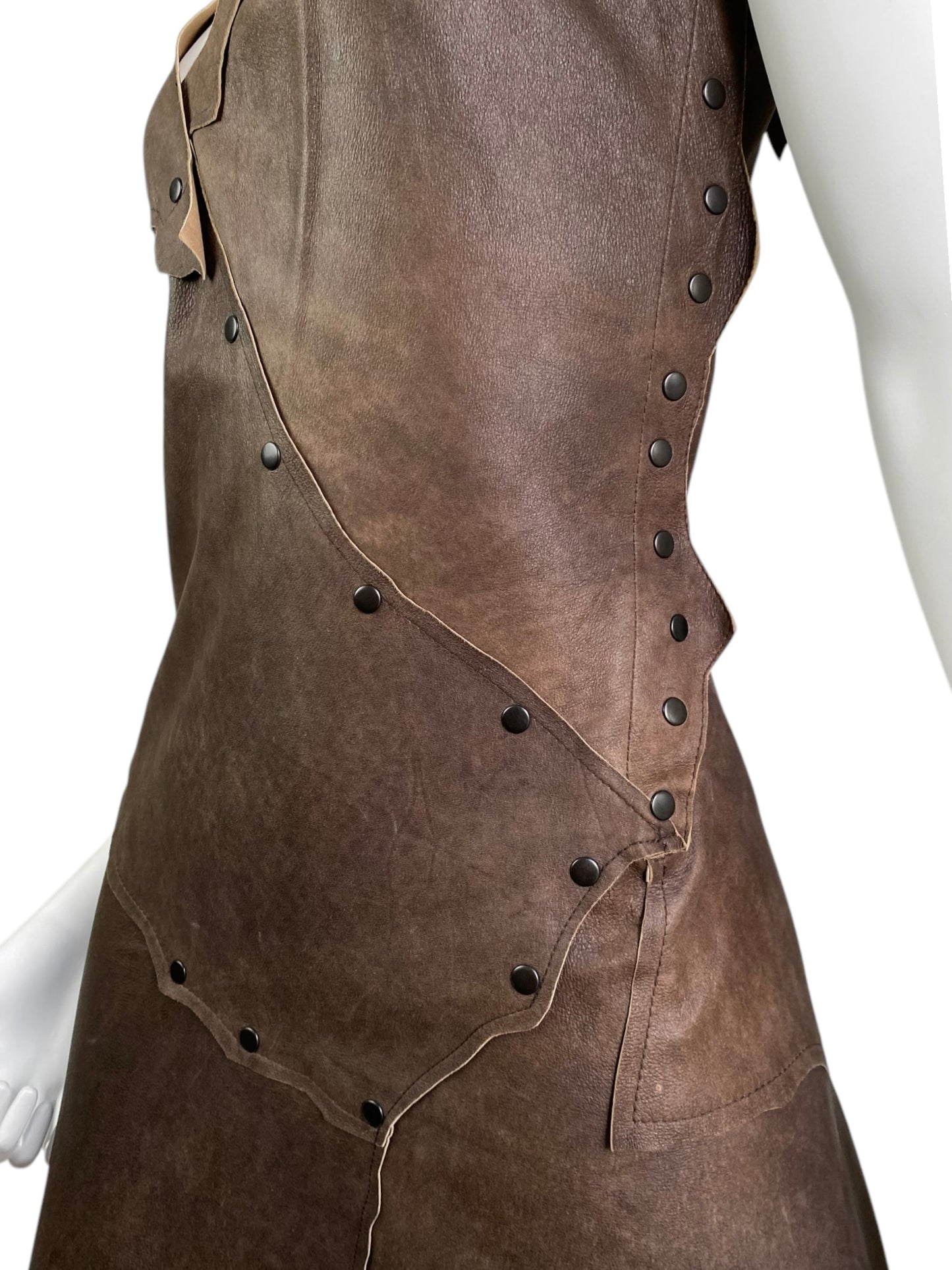 PLEIN SUD 2000s BROWN LEATHER PATCHWORK STUDDED MIDI DRESS