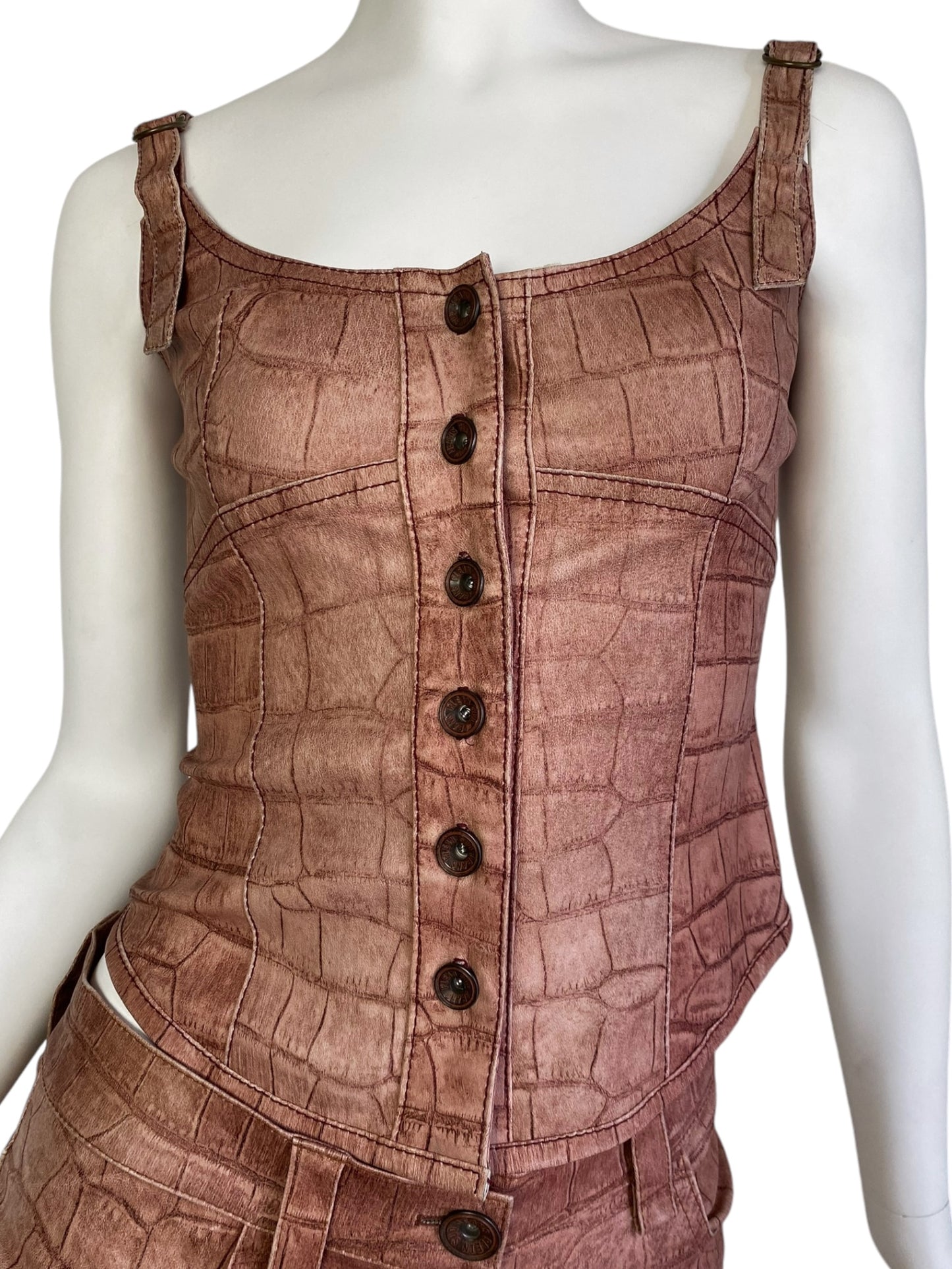 PLEIN SUD JEANS 2000s COPPER LEATHER CROCODILE EMBOSSED 2p. SET (CORSET + CAPRI PANTS)