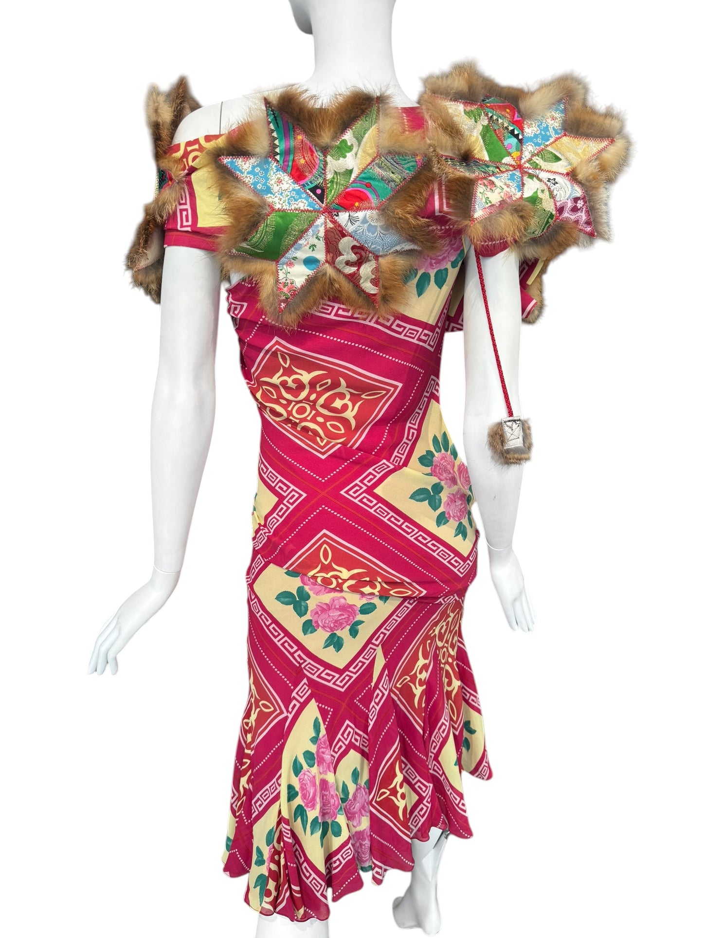 JOHN GALLIANO FW2002 PINK SILK & FUR FOLKLORIC FLORAL PRINT MIDI DRESS
