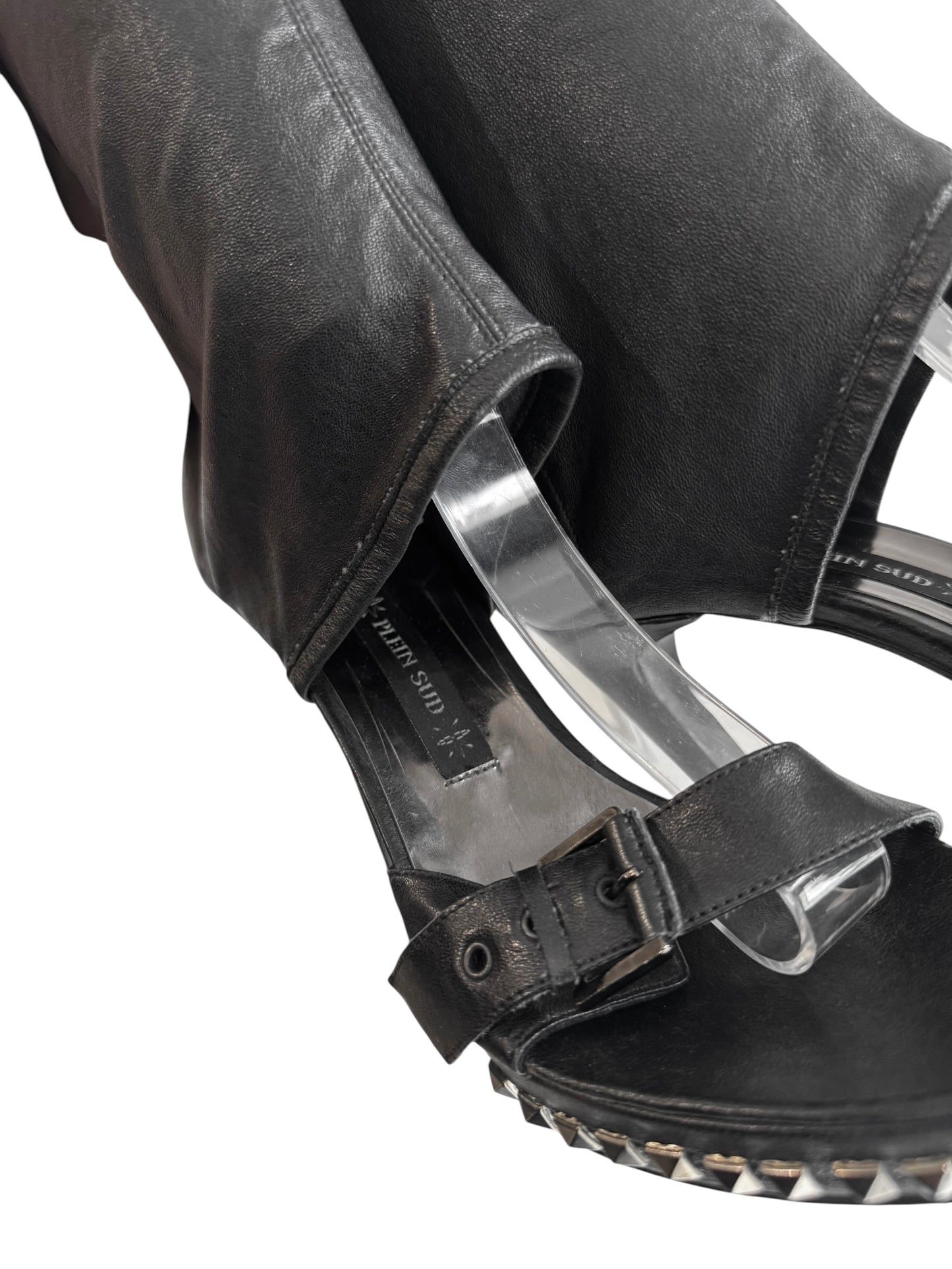 PLEIN SUD 2000s BLACK LEATHER STUDDED OPEN TOE THIGHBOOTS