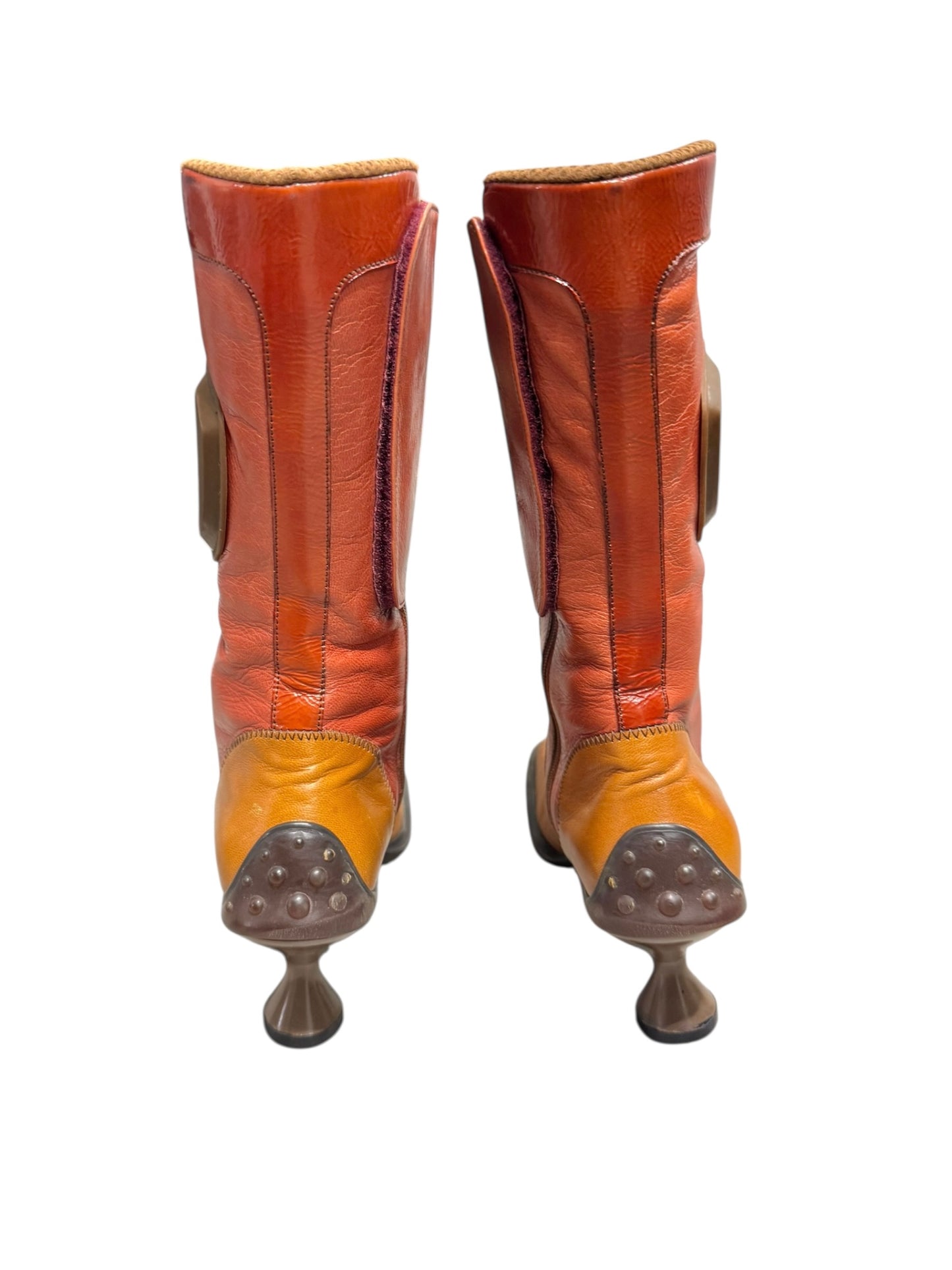 MIU MIU FW1999 ORANGE/RED/BROWN LEATHER BUBBLE SOLE BIKER BOOTS
