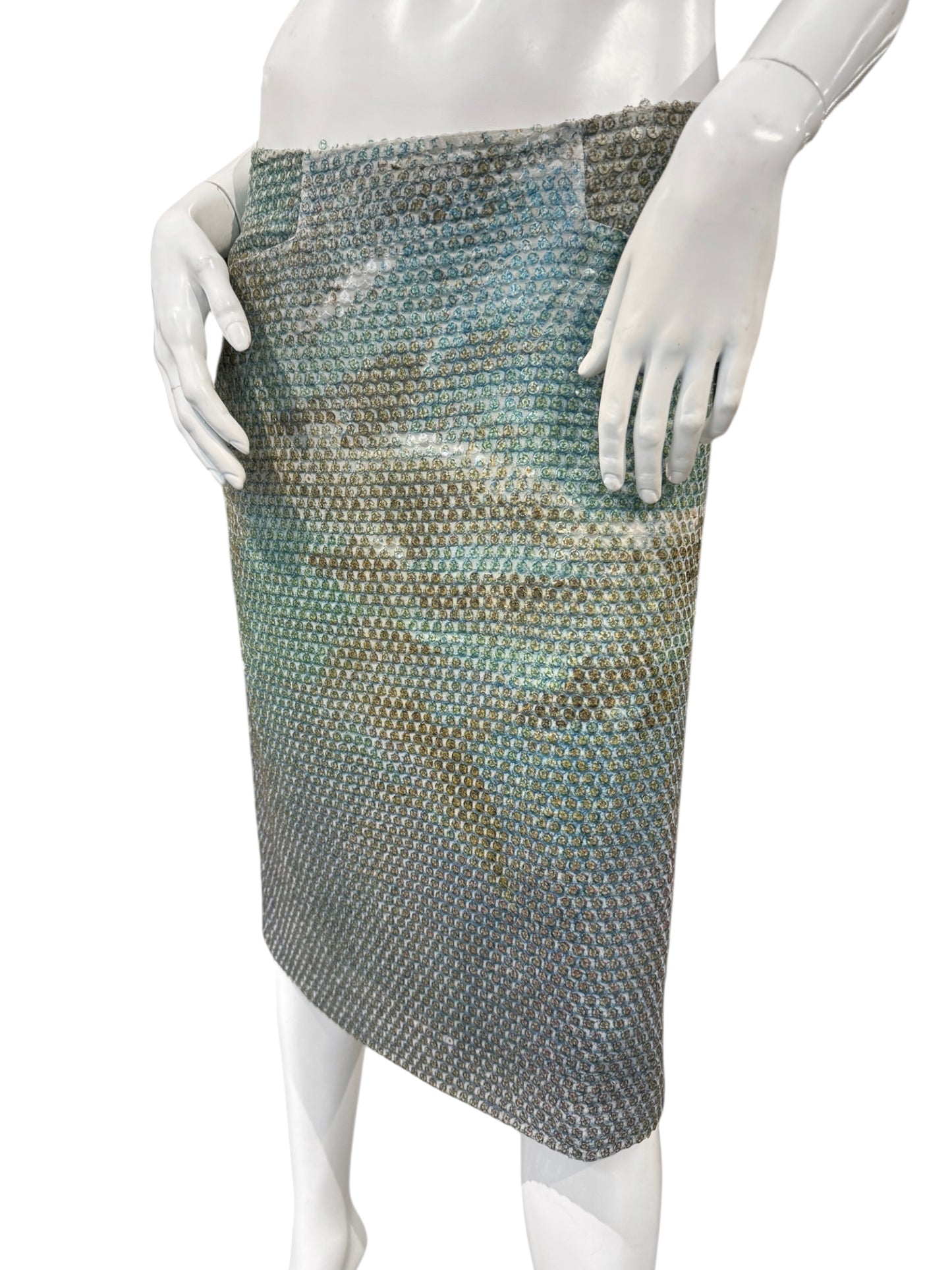 ALEXANDER MCQUEEN SS1997 «LA POUPÉE» BLUE SEQUINS DOLPHIN PRINT BUMSTER MIDI SKIRT