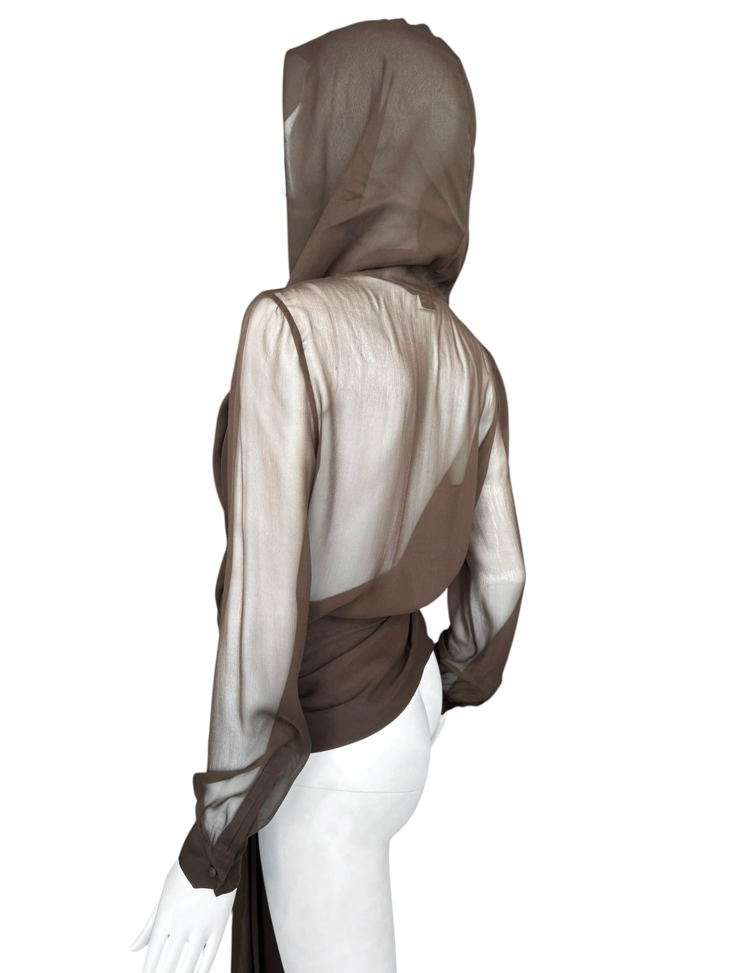 SAINT LAURENT PRE-FALL 2023 BY ANTHONY VACCARELLO BROWN SILK HOODED WRAP BLOUSE