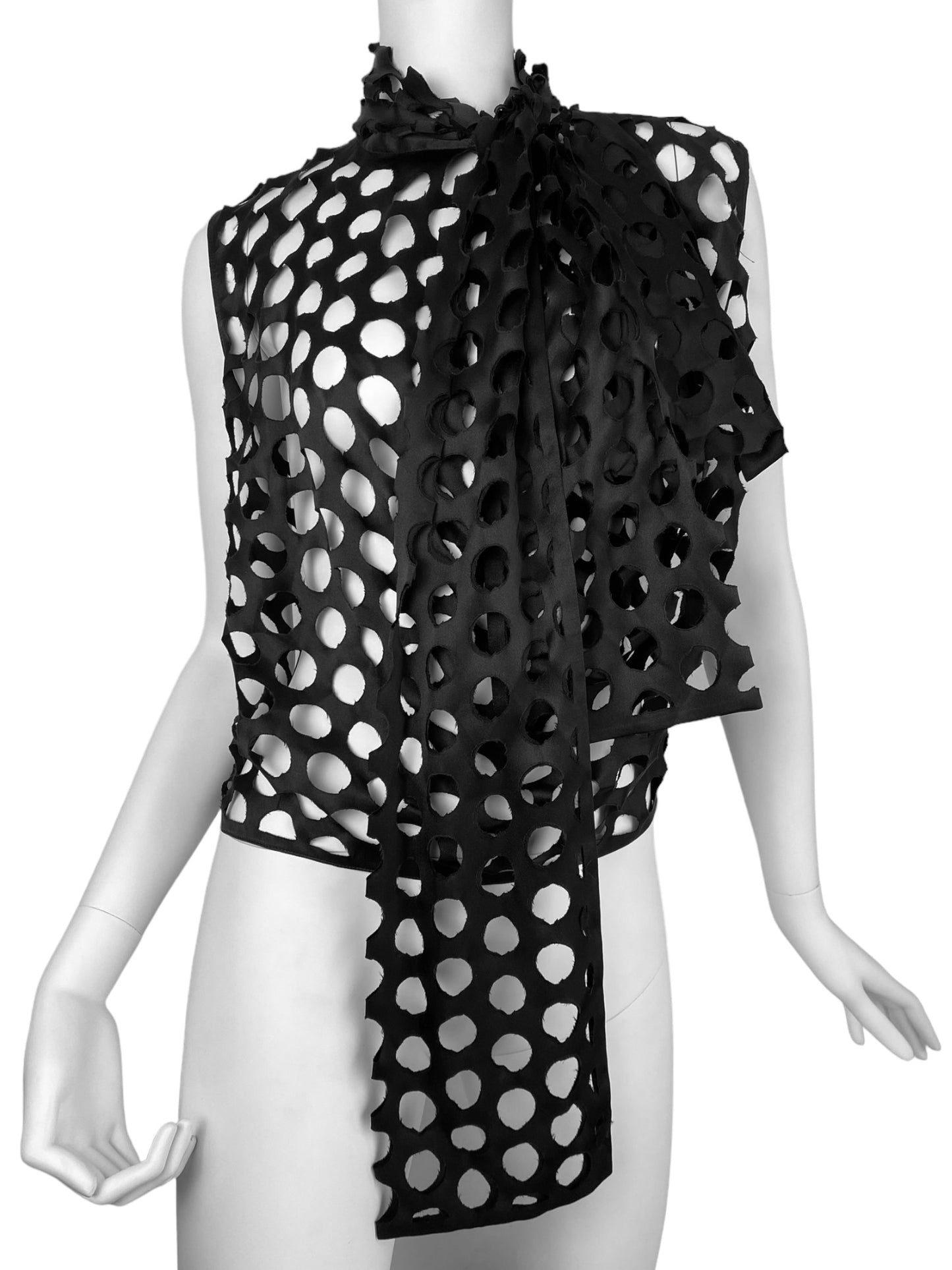 MAISON MARGIELA FW2020 BY GALLIANO BLACK SILK LASER CUT OUT POLKA DOTS ASCOT TIE TOP