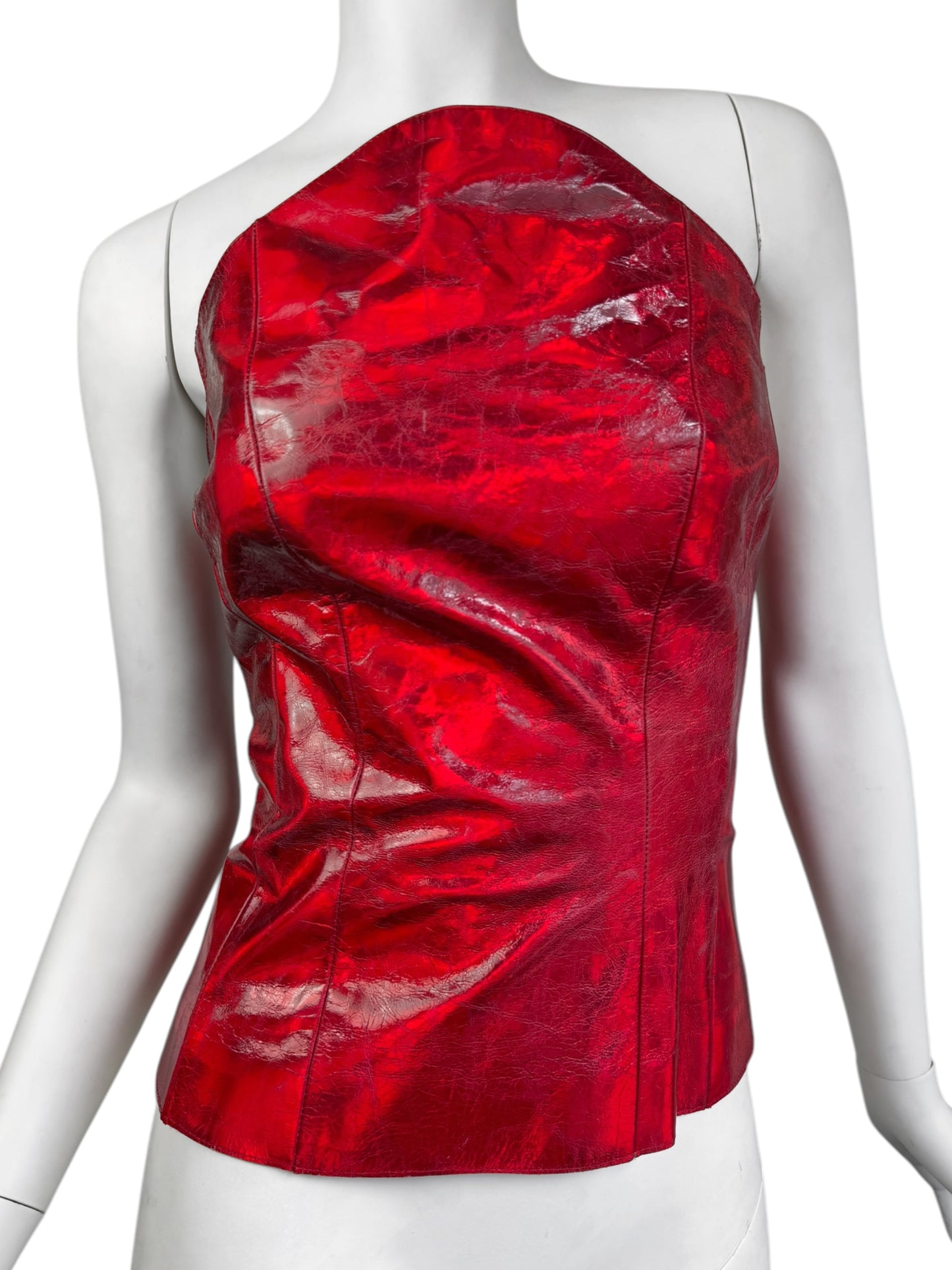 PLEIN SUD 1990s METALLIC RED LEATHER CORSET BUSTIER TOP