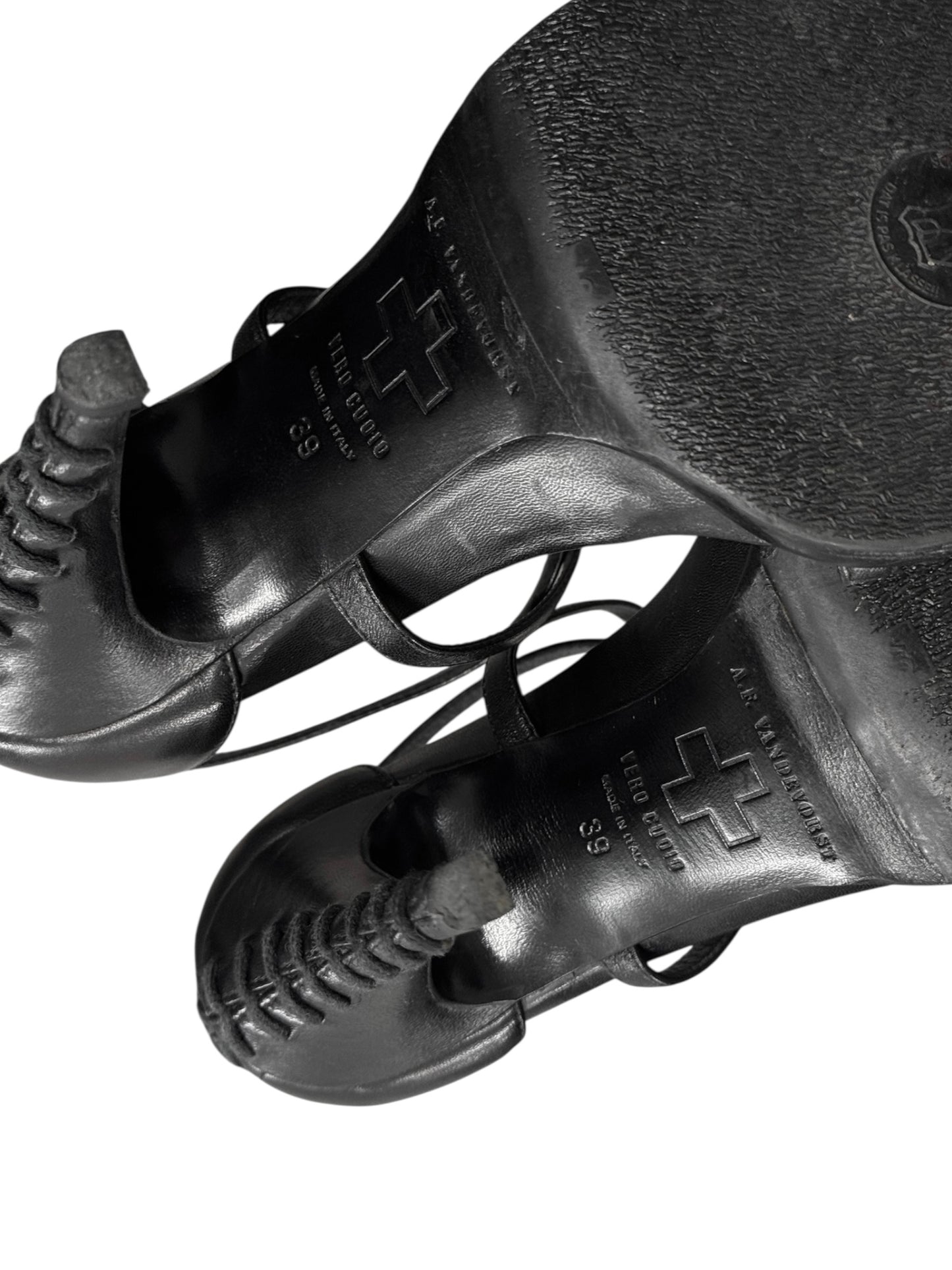 A.F. VANDEVORST SS2013 BLACK LEATHER LACE-UP HEELED SANDALS