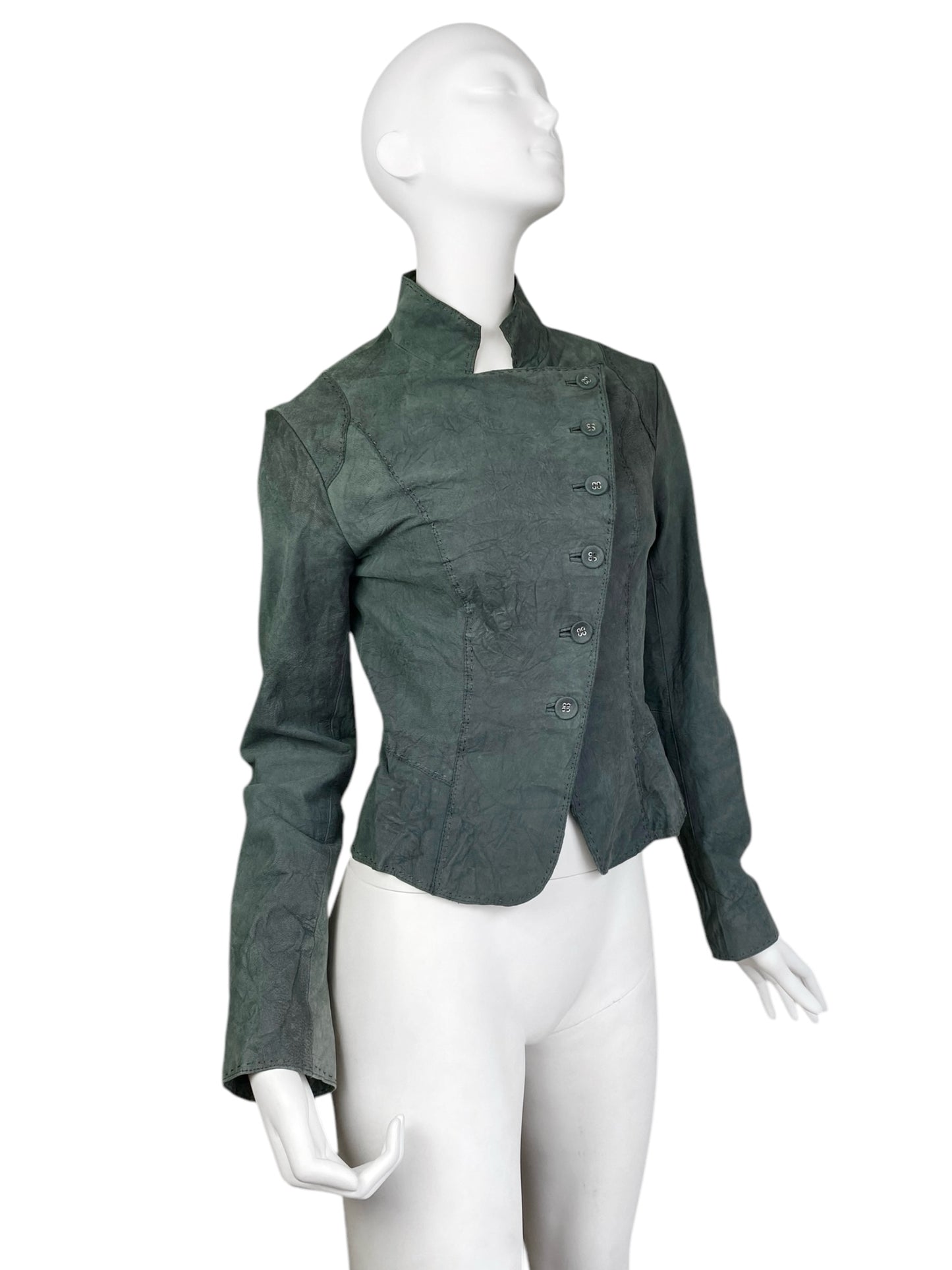 2000s GREYISH GREEN DISTRESS LEATHER CREASED ASYMMETRICAL JACKET