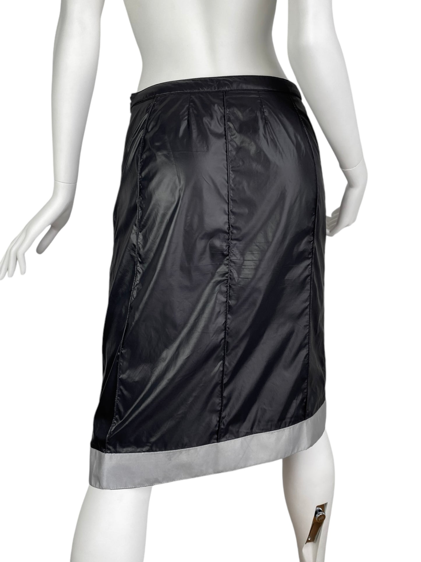 CHANEL SS1999 BY KARL LAGERFELD BLACK NYLON REFLECTIVE HEM MIDI SKIRT