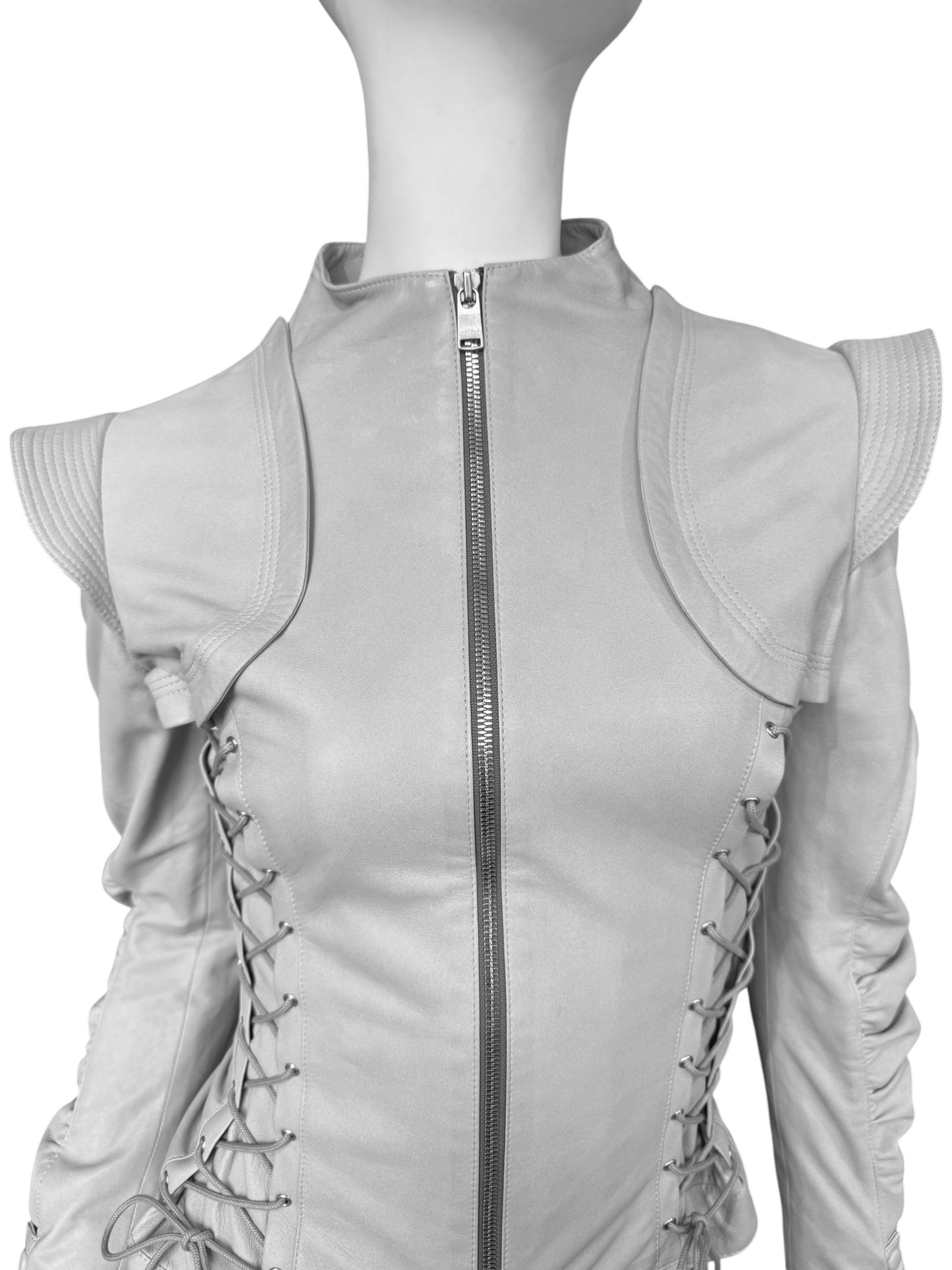 JITROIS 2000s GREY LEATHER LACE-UP JACKET