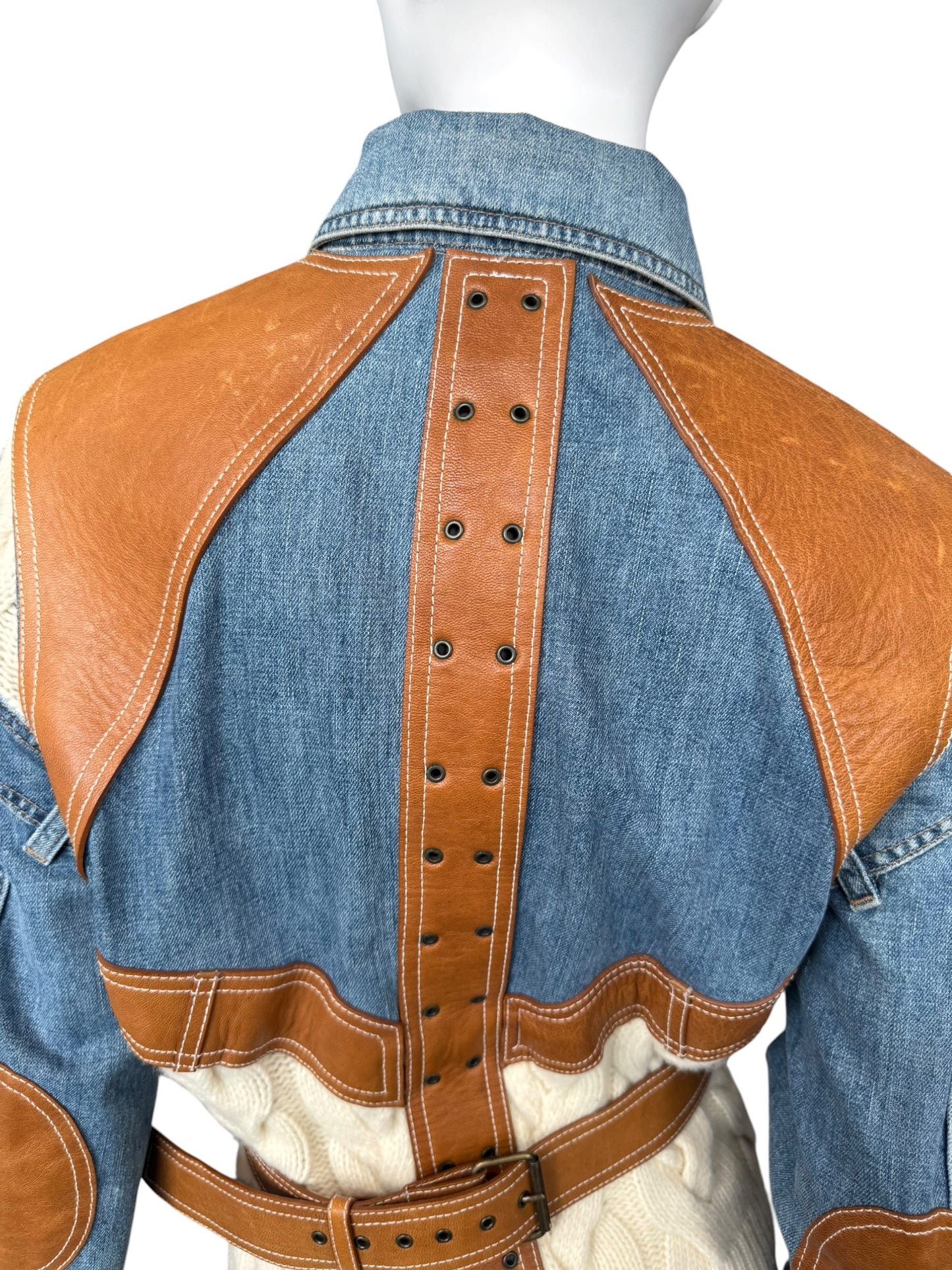 ALEXANDER MCQUEEN SS2004 ‘DELIVERANCE’ BLUE DENIM, BROWN LEATHER & CREAM KNIT PATCHWORK JACKET