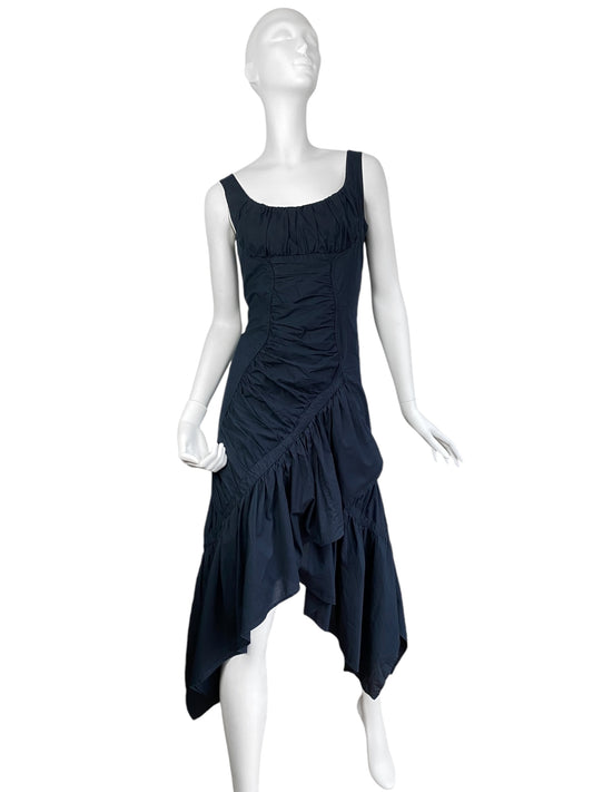 ISSEY MIYAKE FW2005 BY NAOKI TAKIZAWA NAVY BLUE ASYMMETRICAL GATHERED MIDI DRESS