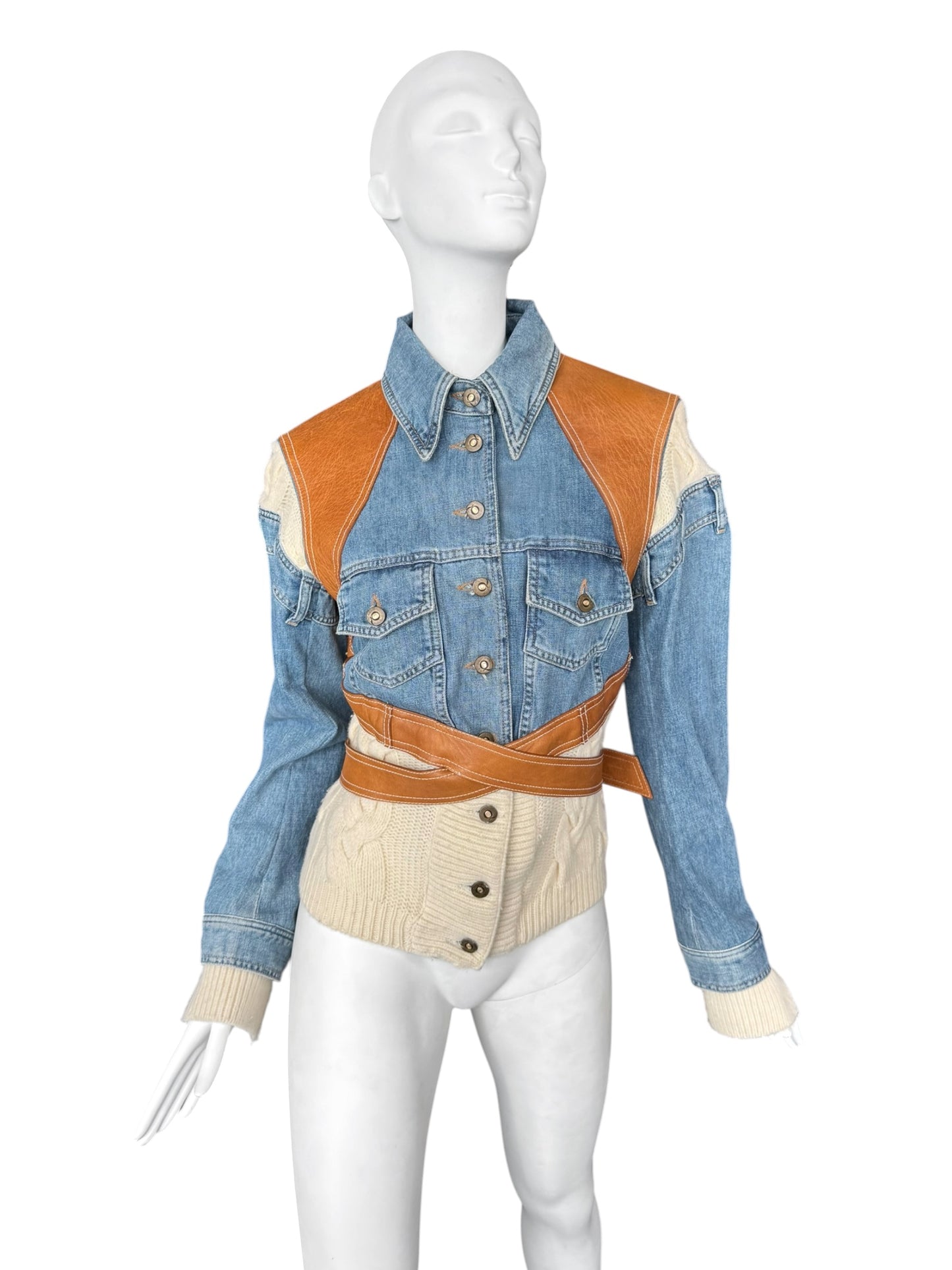 ALEXANDER MCQUEEN SS2004 ‘DELIVERANCE’ BLUE DENIM, BROWN LEATHER & CREAM KNIT PATCHWORK JACKET