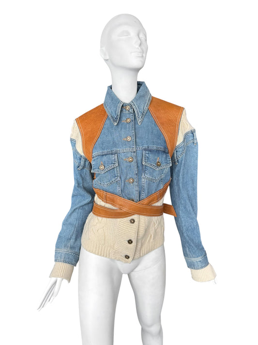 ALEXANDER MCQUEEN SS2004 ‘DELIVERANCE’ BLUE DENIM, BROWN LEATHER & CREAM KNIT PATCHWORK JACKET