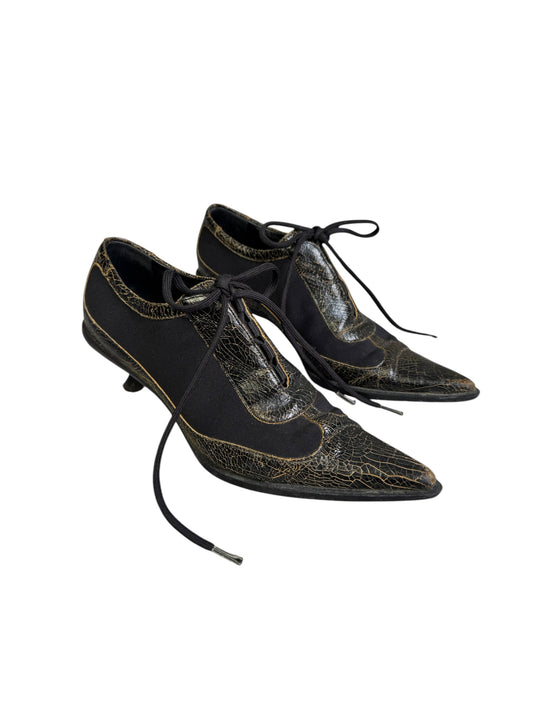 MIU MIU FW2001 BROWN LEATHER CRACKED LEATHER HEELS