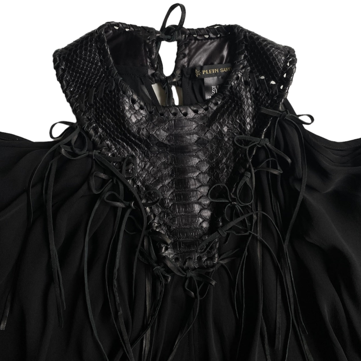 PLEIN SUD SS2015 BLACK SILK & PYTHON LEATHER COLD SHOULDER TOP