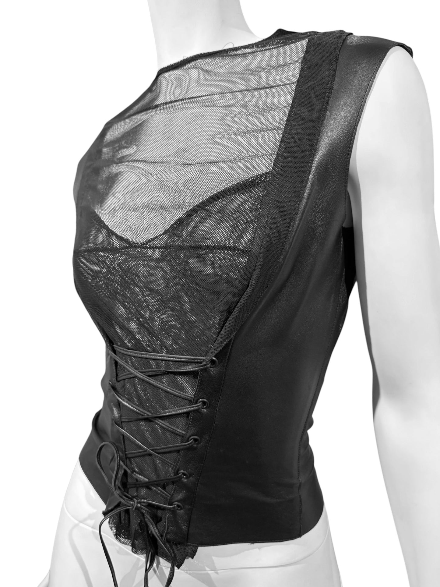 JITROIS 2000s BLACK LEATHER & SILK TULLE LACE-UP TANK TOP
