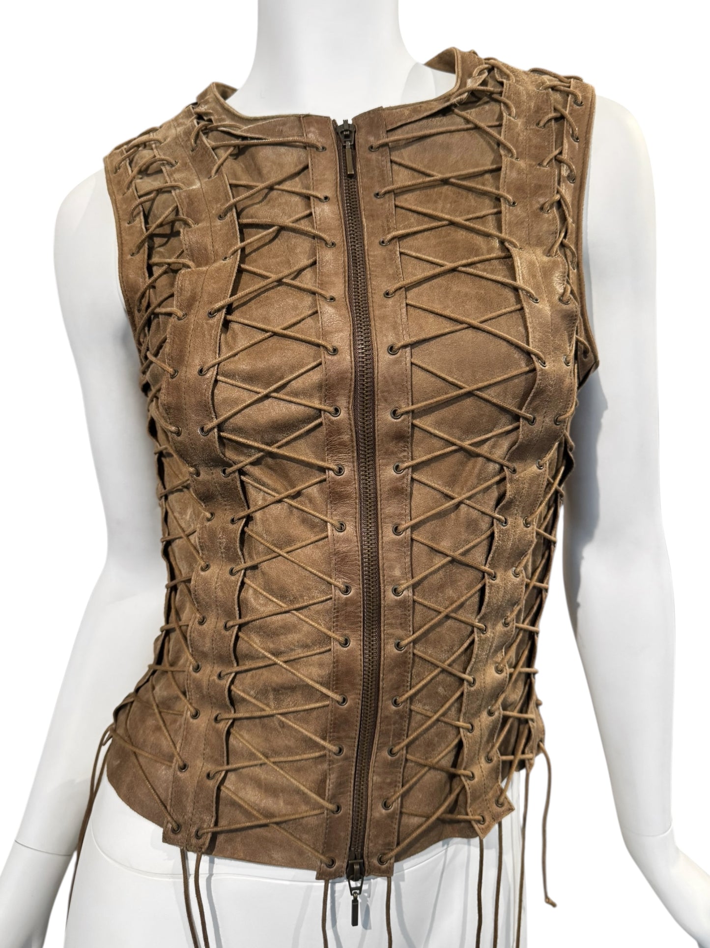 PLEIN SUD FW2002 BROWN LEATHER LACE-UP CAGE VEST
