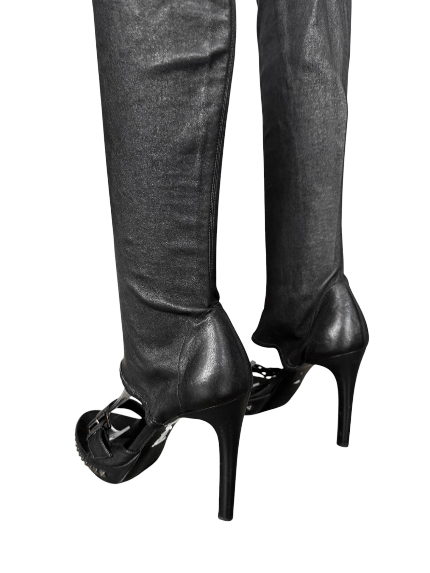 PLEIN SUD 2000s BLACK LEATHER STUDDED OPEN TOE THIGHBOOTS