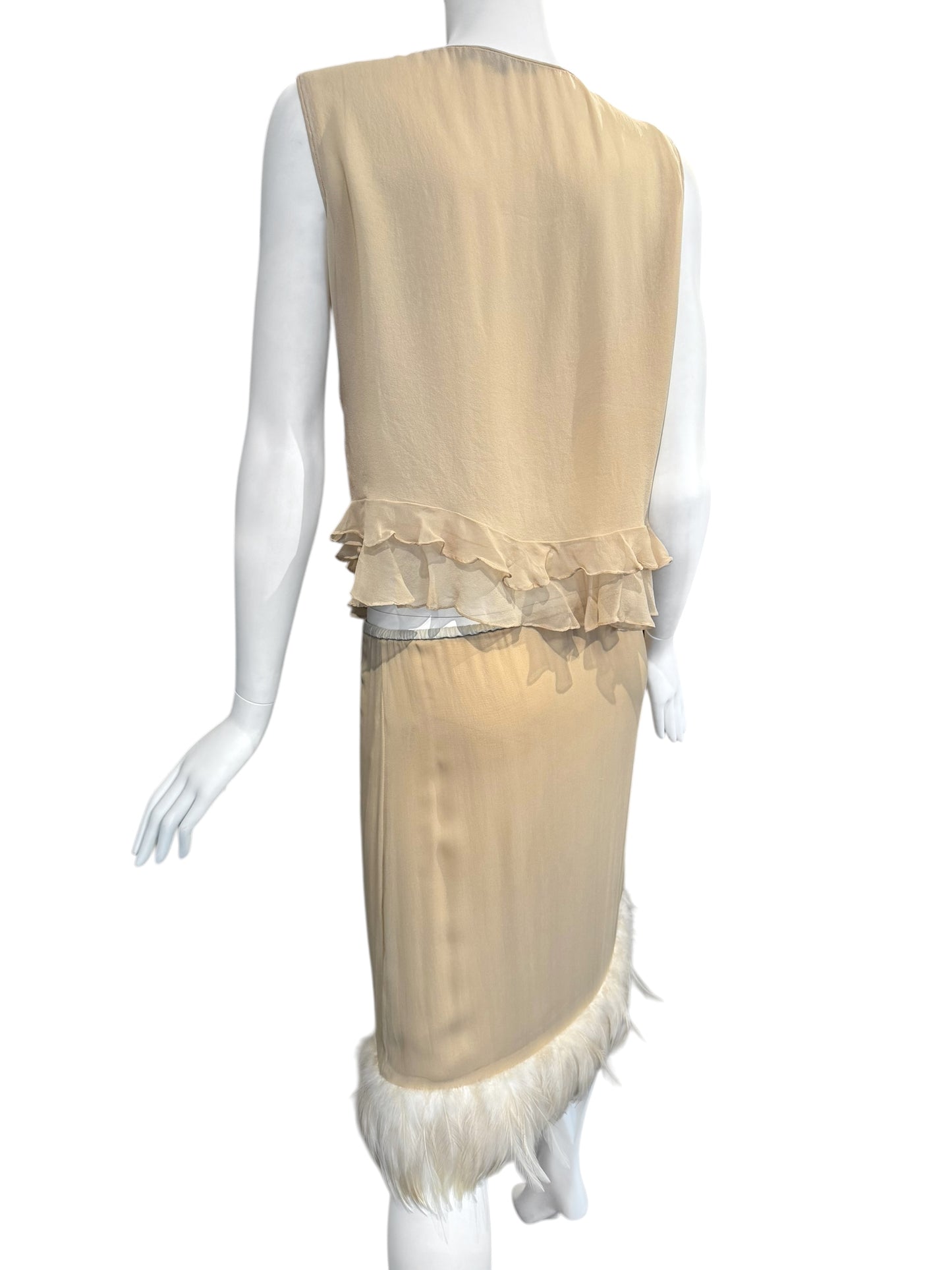 GUCCI SS1999 BY TOM FORD BEIGE SILK FEATHERS TRIM 2P. SET